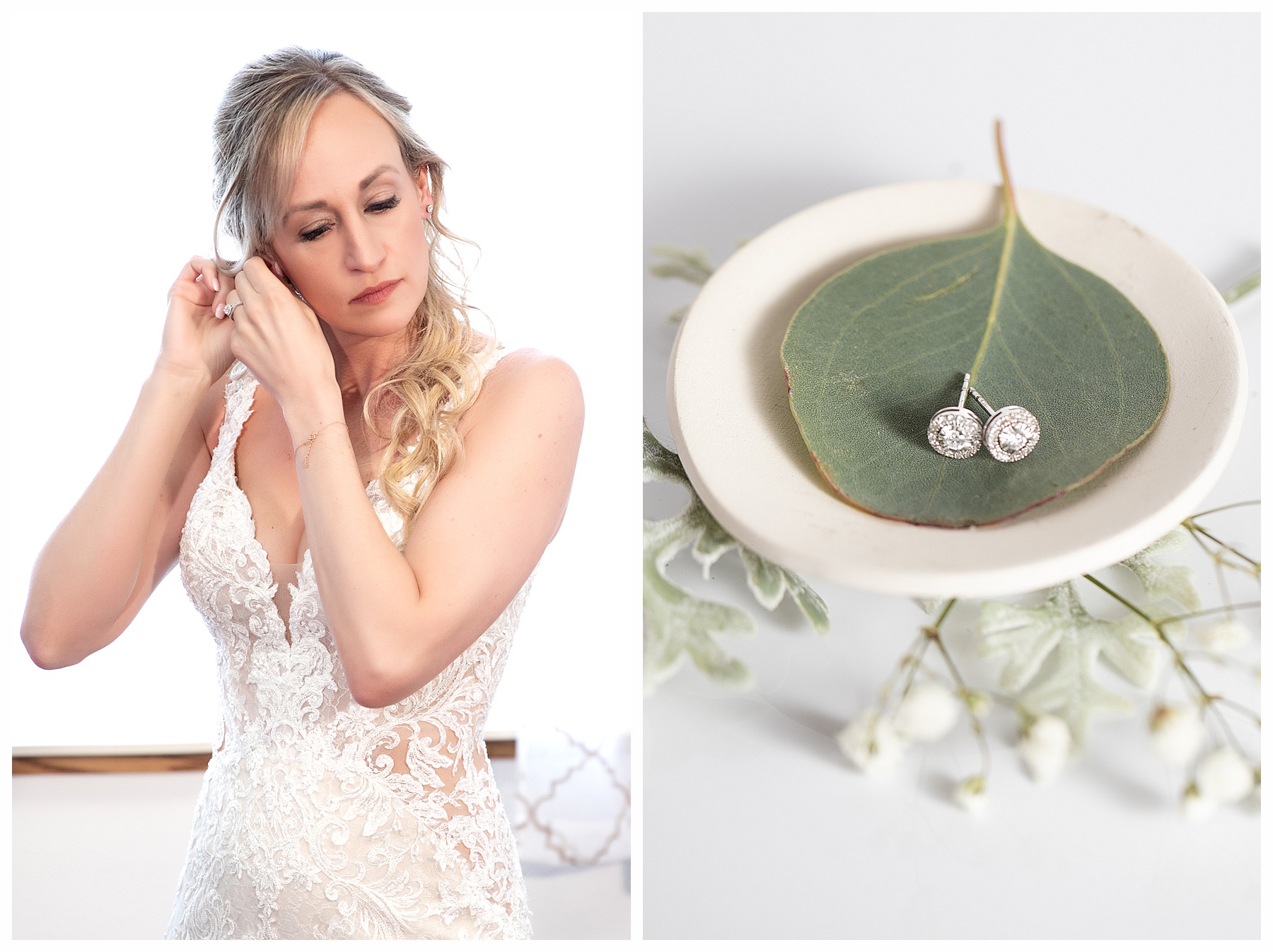 bride putting on earrings and details photo of diamond stud earrings