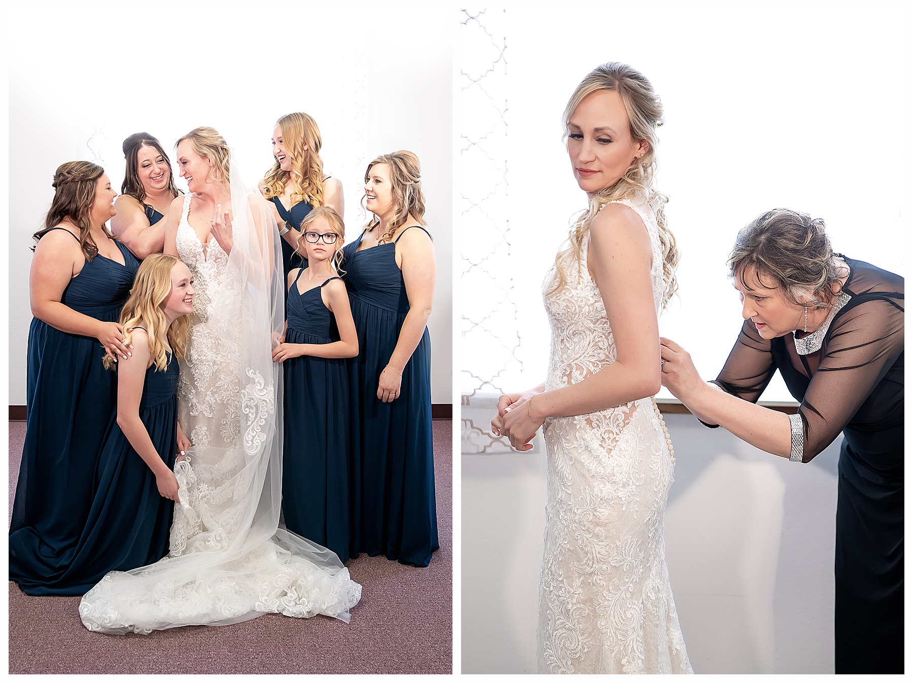 bride getting ready with her mother and brides maids in navy blue dresses