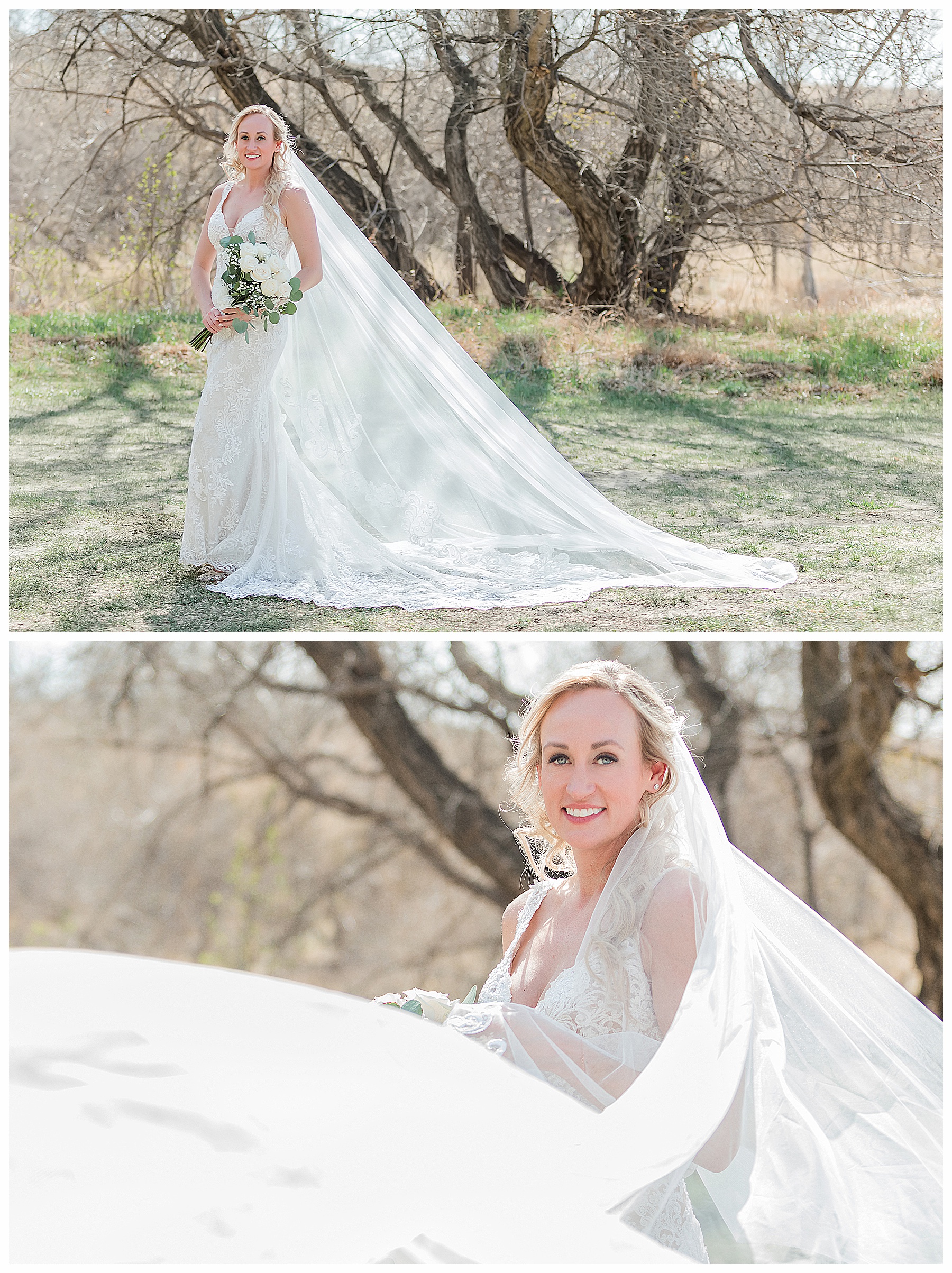 bride with flowing cathedral veil in the wind