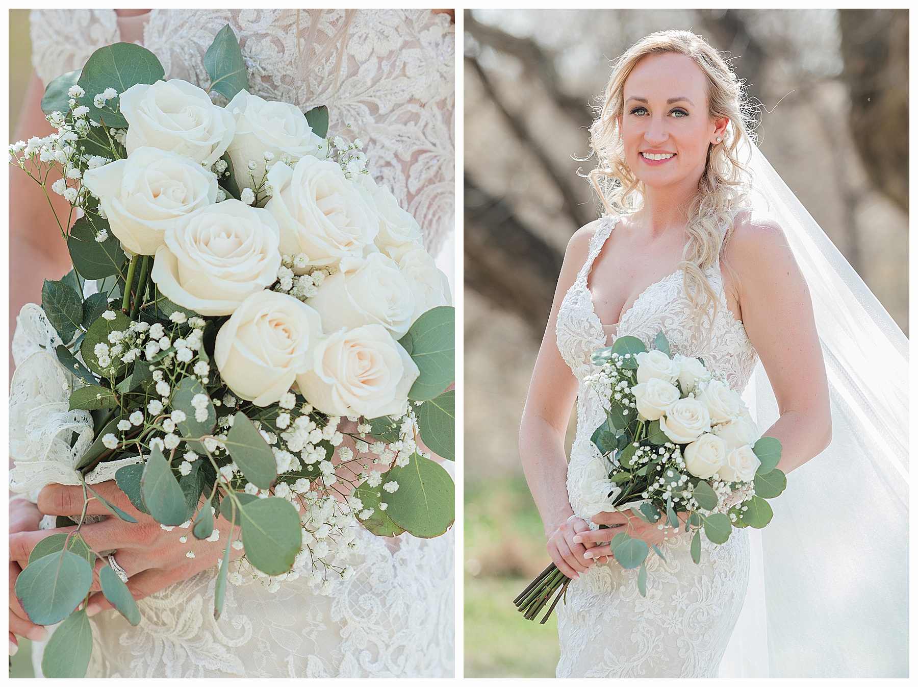 Blond bride with ivory bouquet bridal portrait North Dakota May Wedding