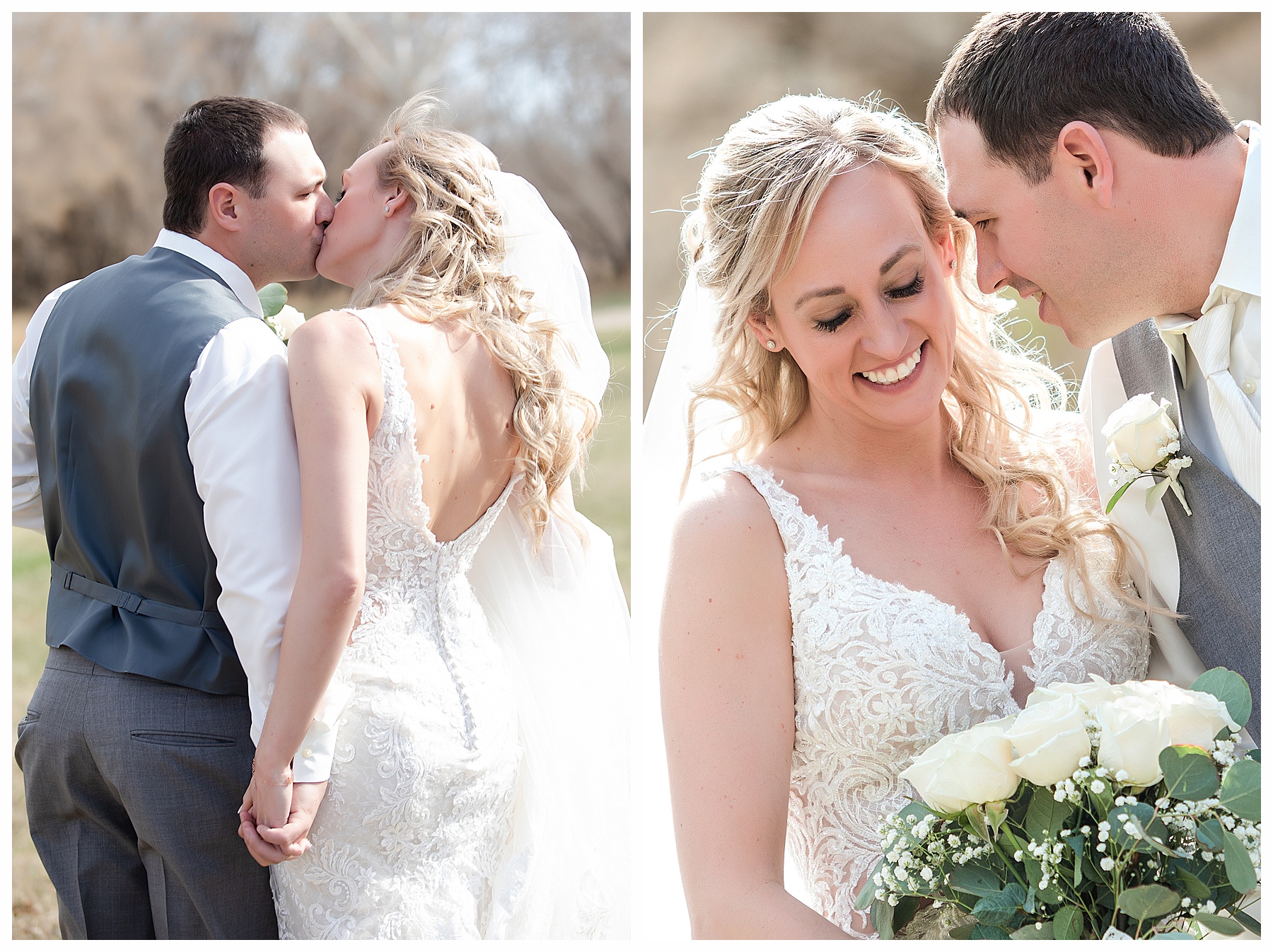 Bride and groom kiss, photo from behind. 