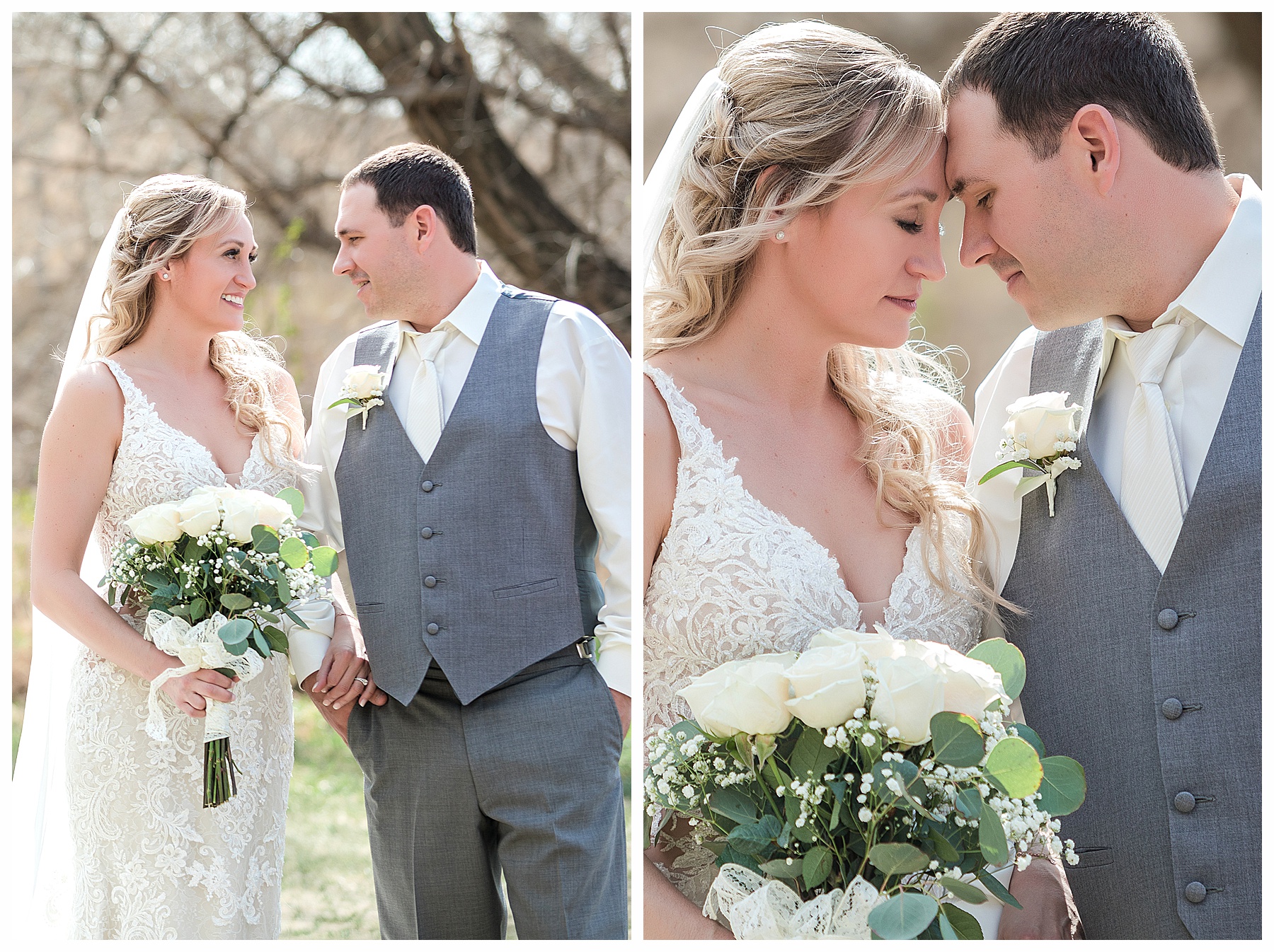 Ivory and Grey bride and groom photos with ivory rose bouquet