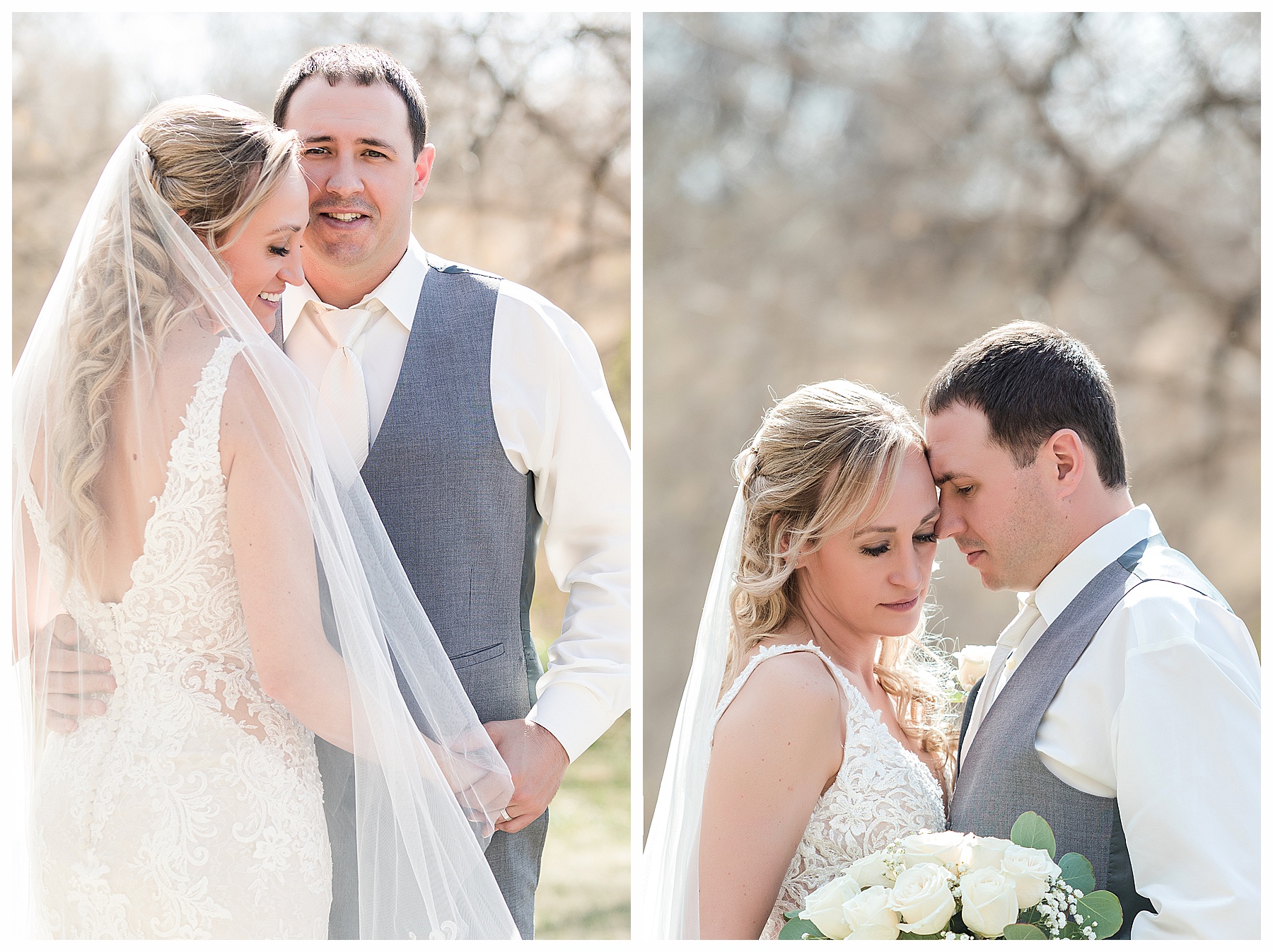 bride and groom in ivory and grey.  North Dakota May wedding