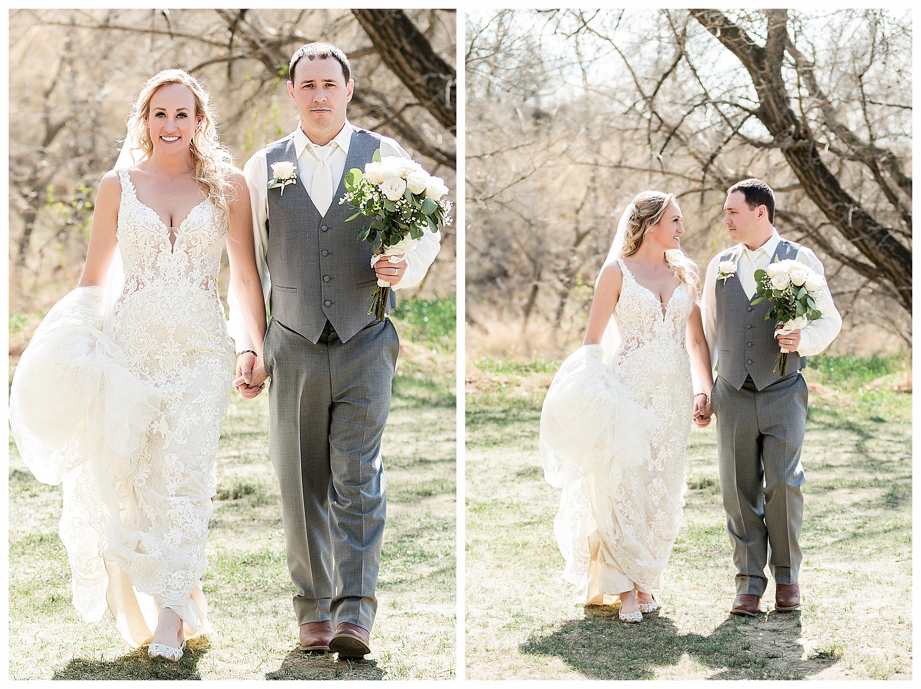 bride and groom walk together with groom holding ivory rose bouquet