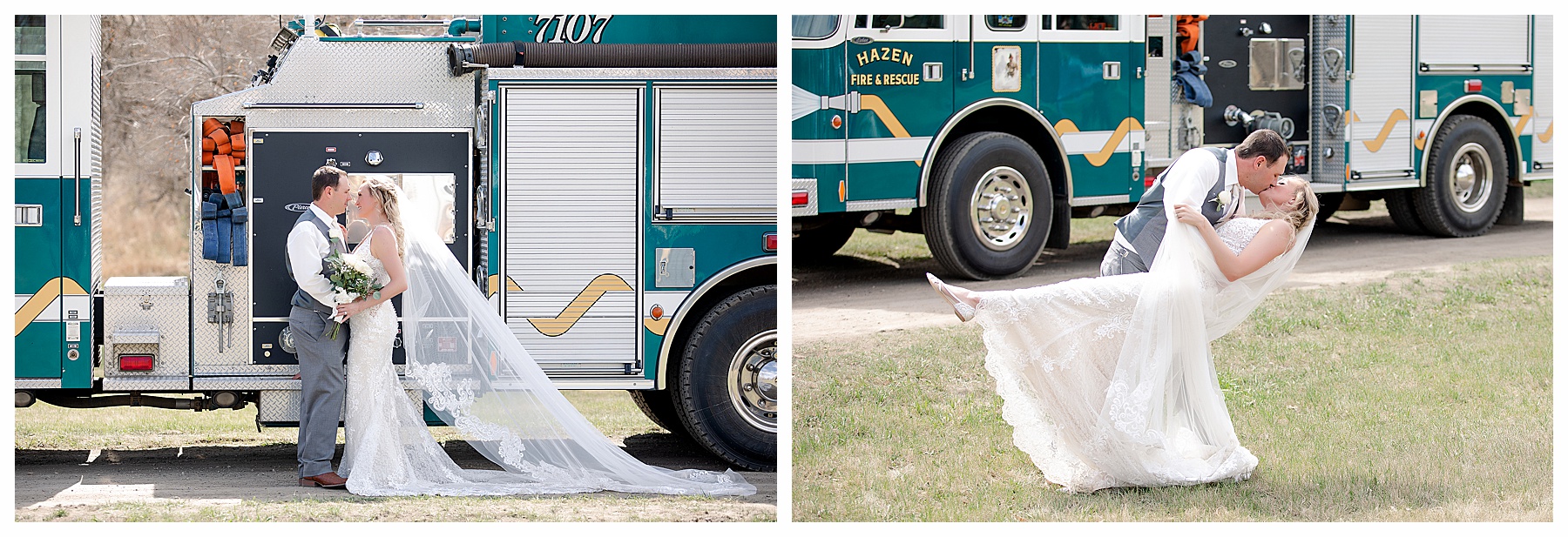 bride and groom in front of fire truck