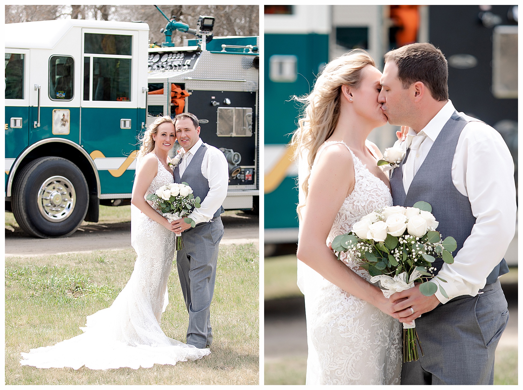 bride and groom kiss in front of fire truck