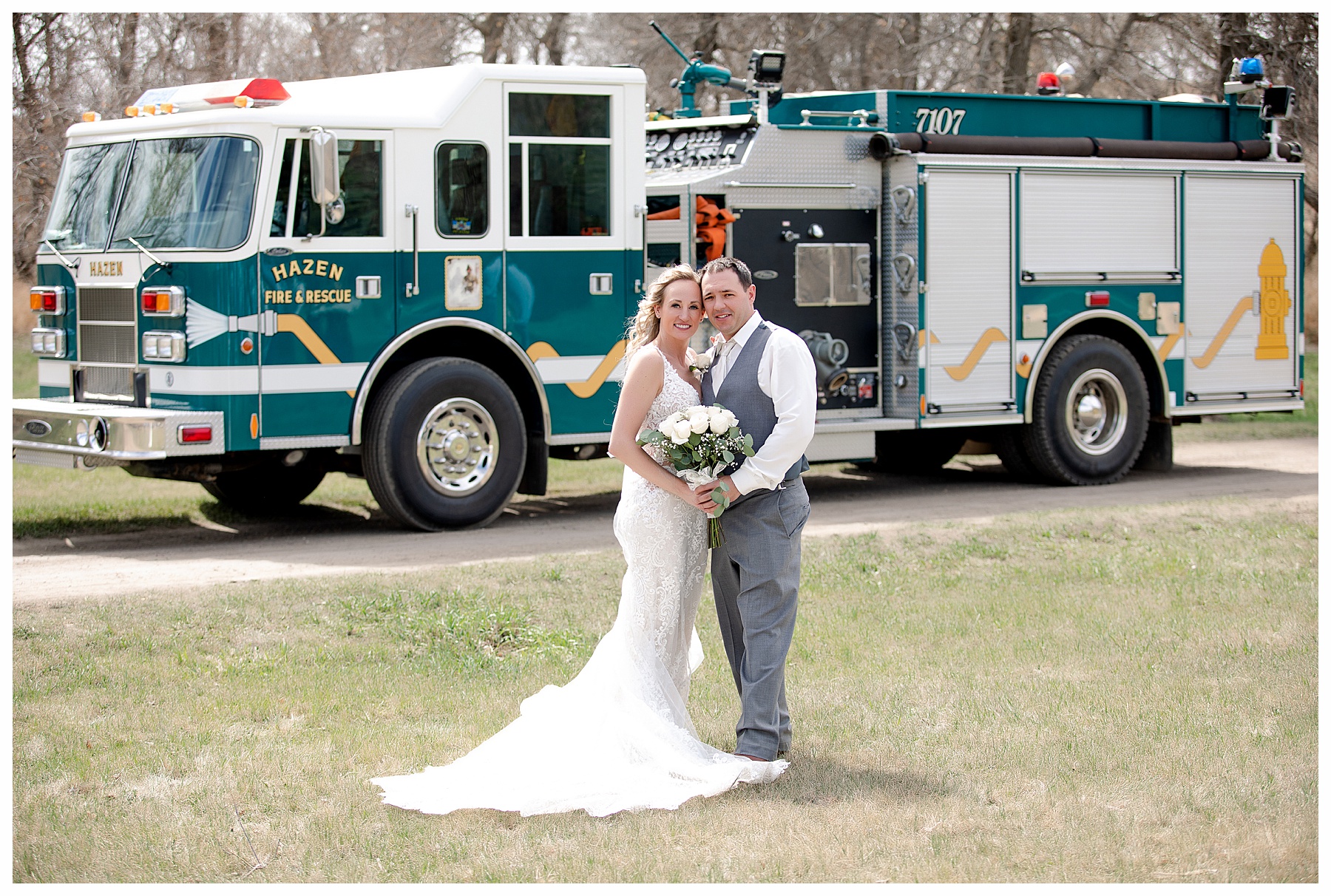 bride and groom in front of fire truck North Dakota