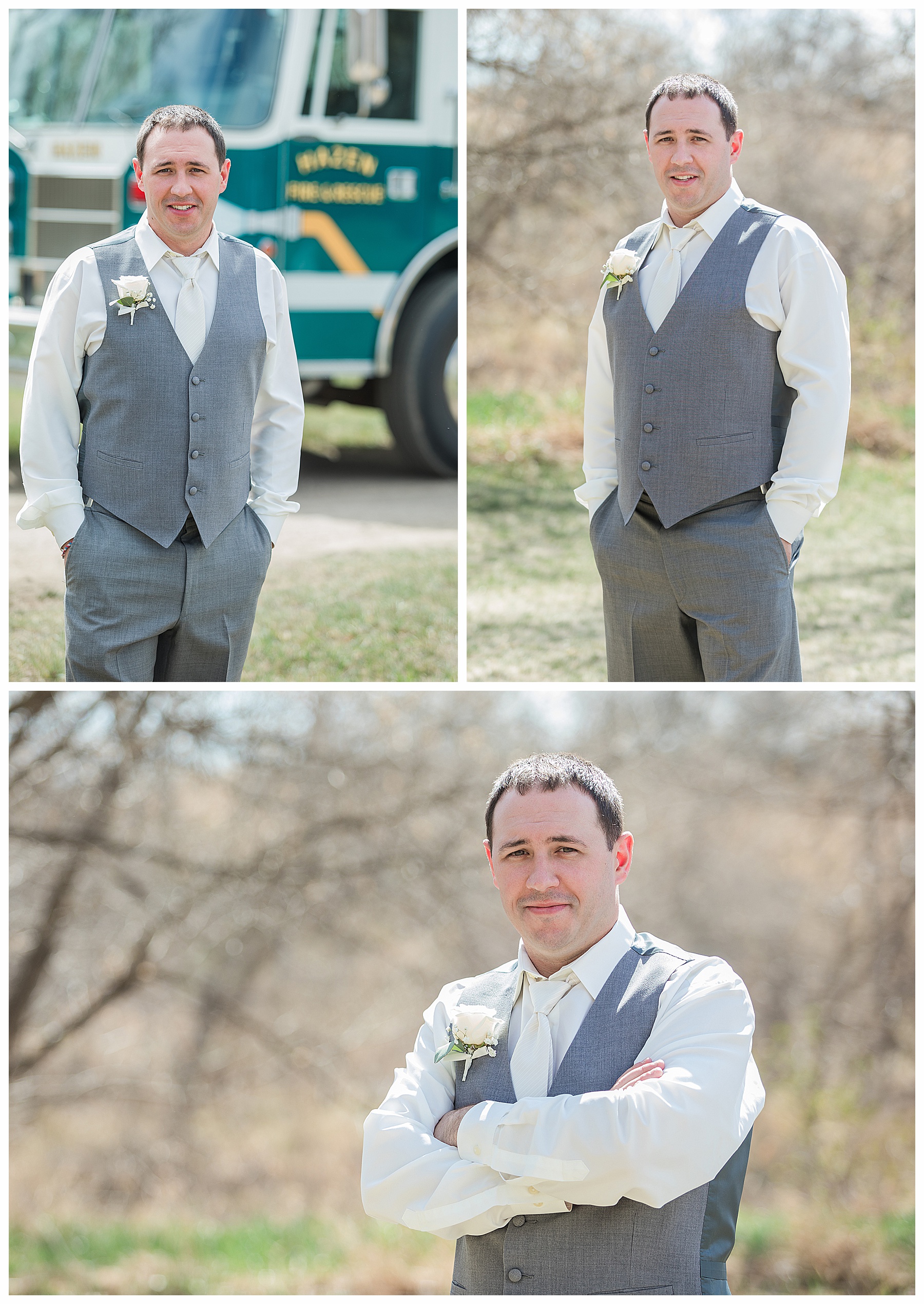 groom portraits in front of Fire truck