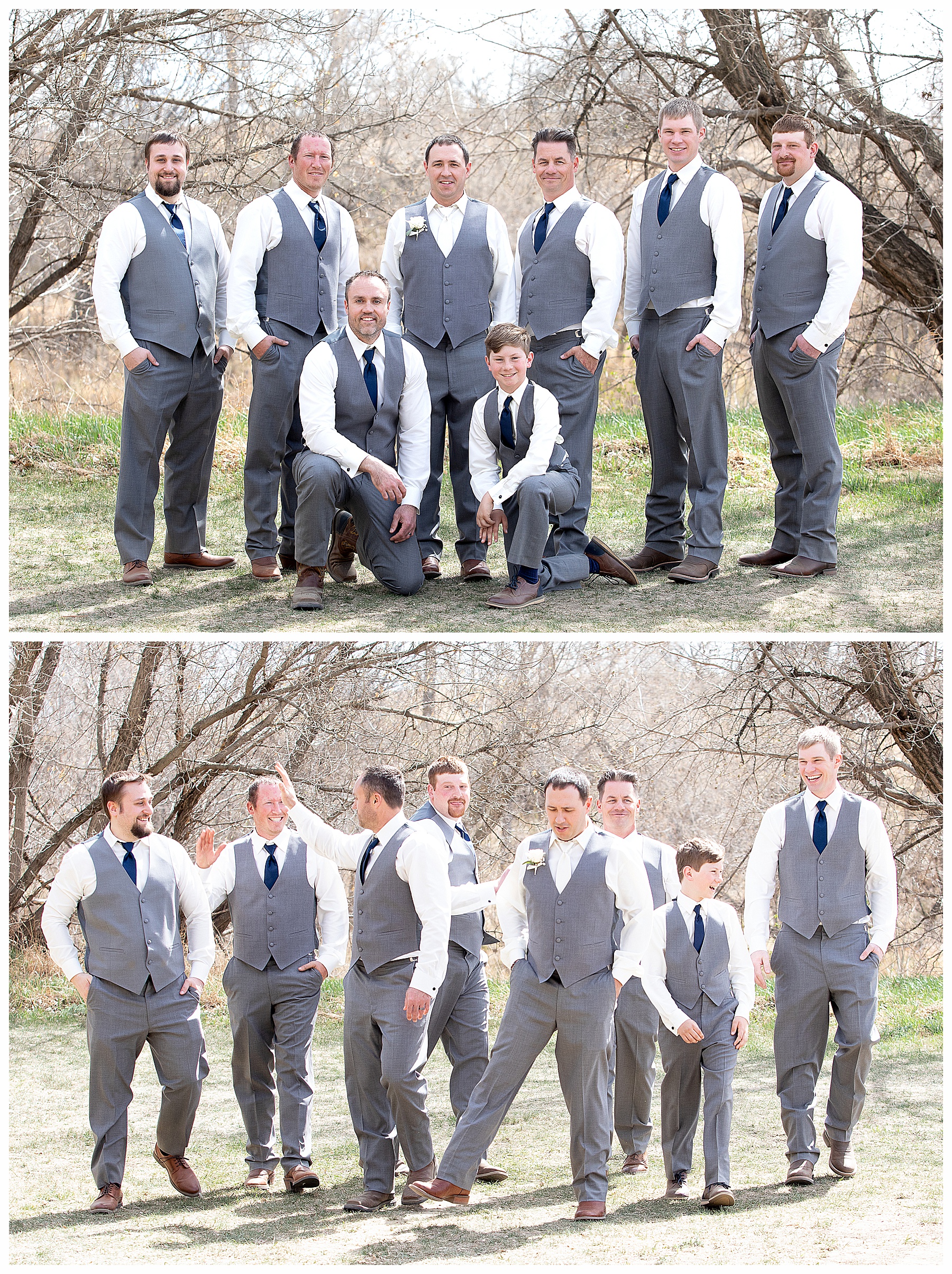 groom and groom's men in grey tux in a park with bare branches