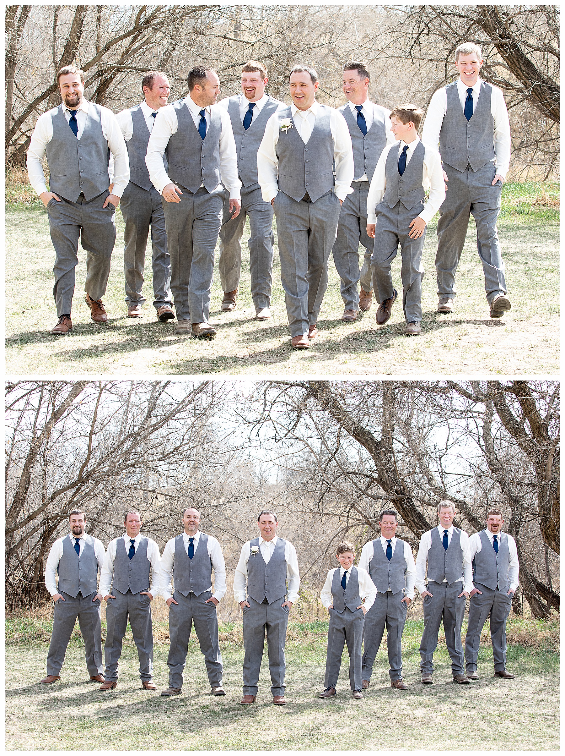 groom in grey tux walks with groom's men