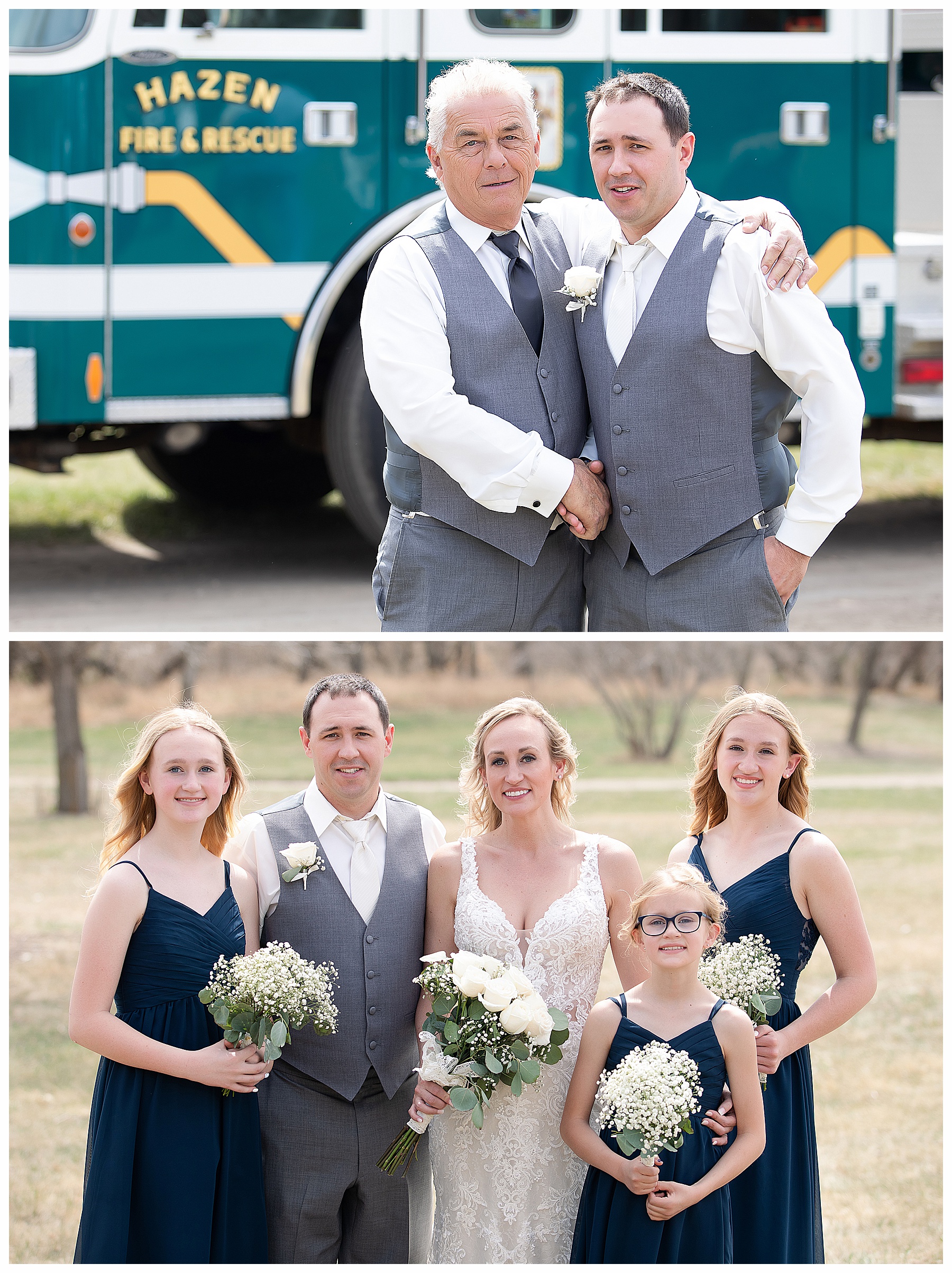 groom and father in front of fire truck