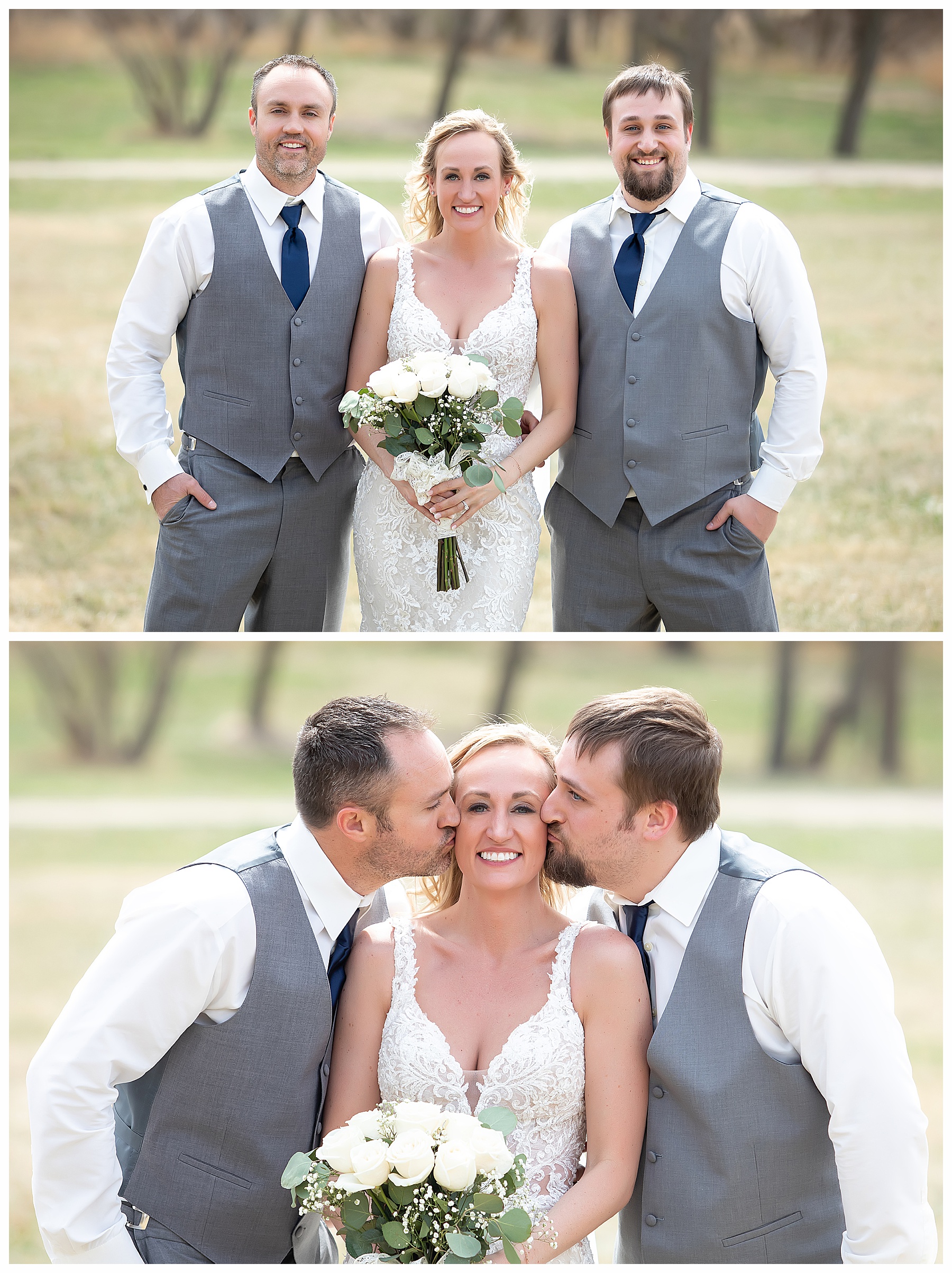 bride with brothers kissing her cheeks