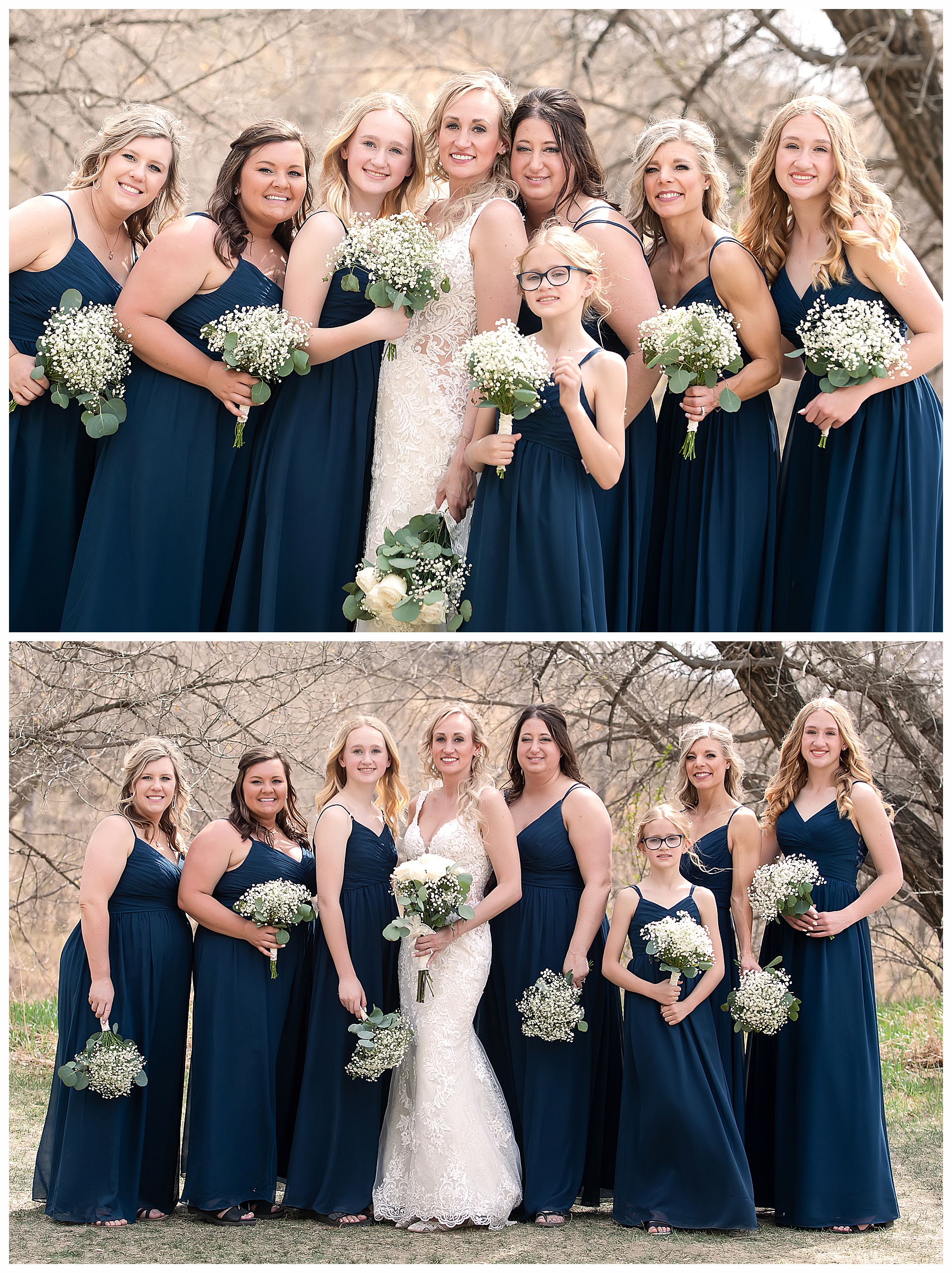 bride with brides mails in navy dresses and baby's breath bouquets.  North float May Wedding