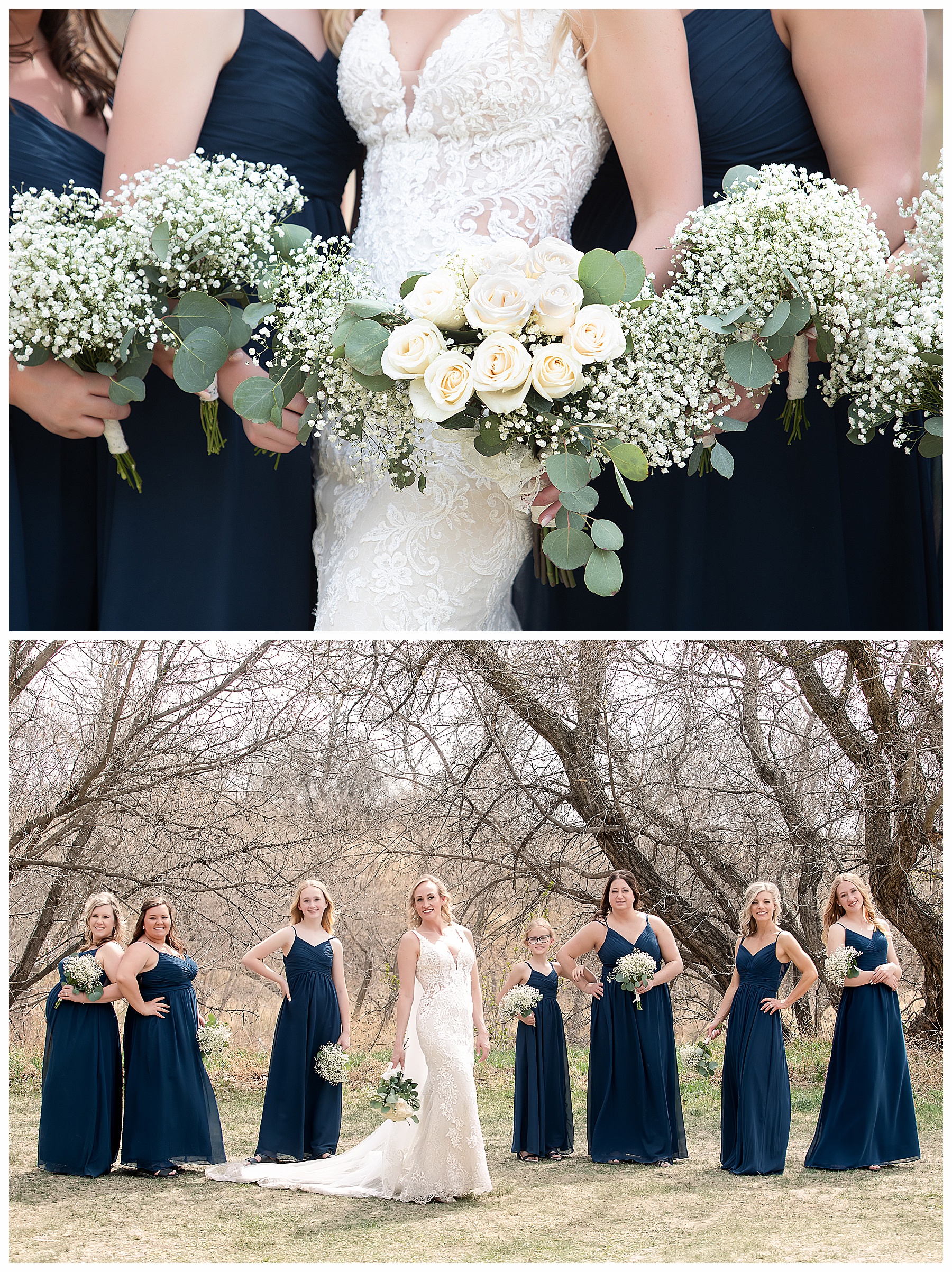 bride with ivory rose bouquet and brides maids with baby's breath bouquets