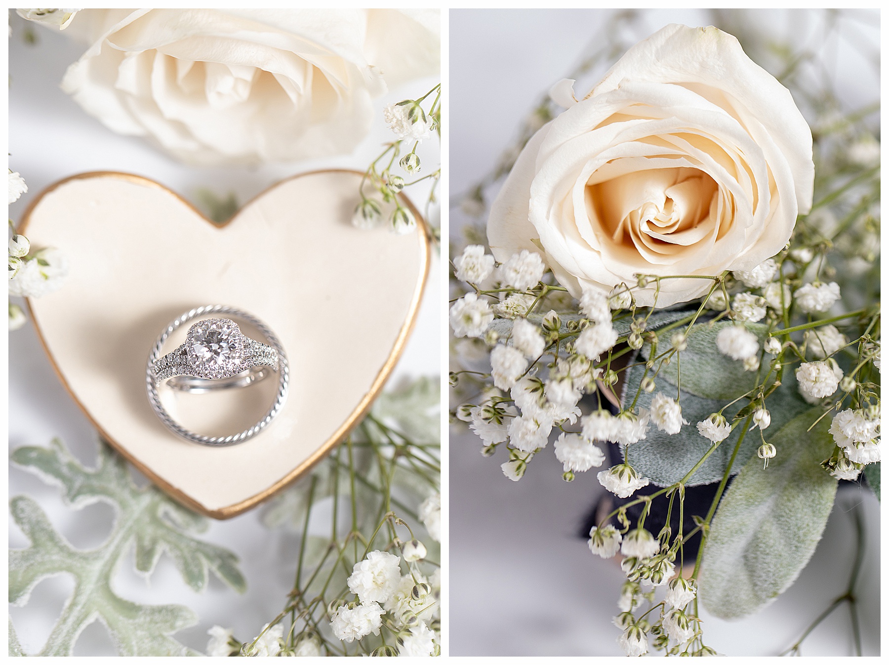 wedding ring detail photo with ivory rose and hear shape dish