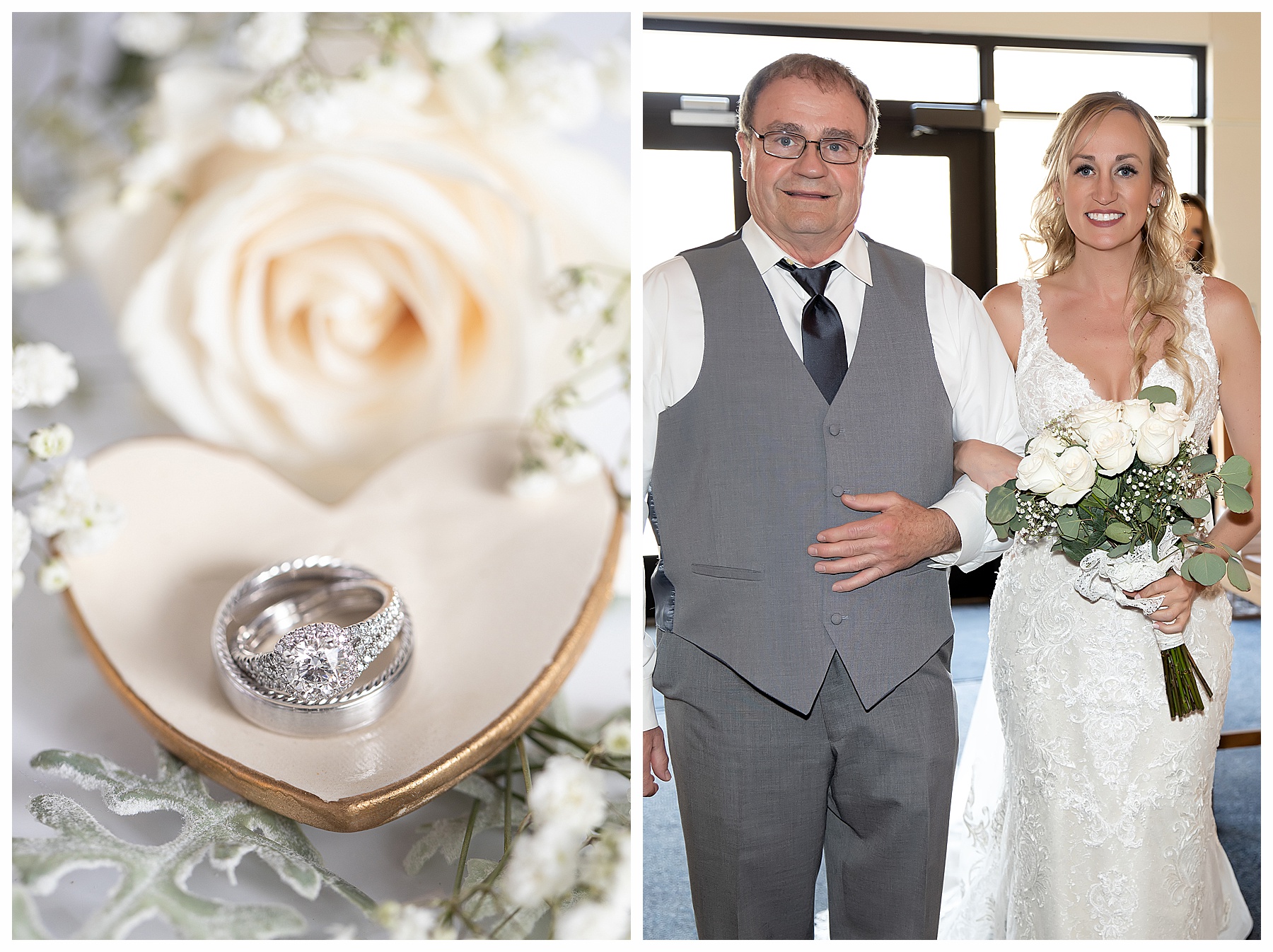 bride with ivory rose bouquet enters church with her dad