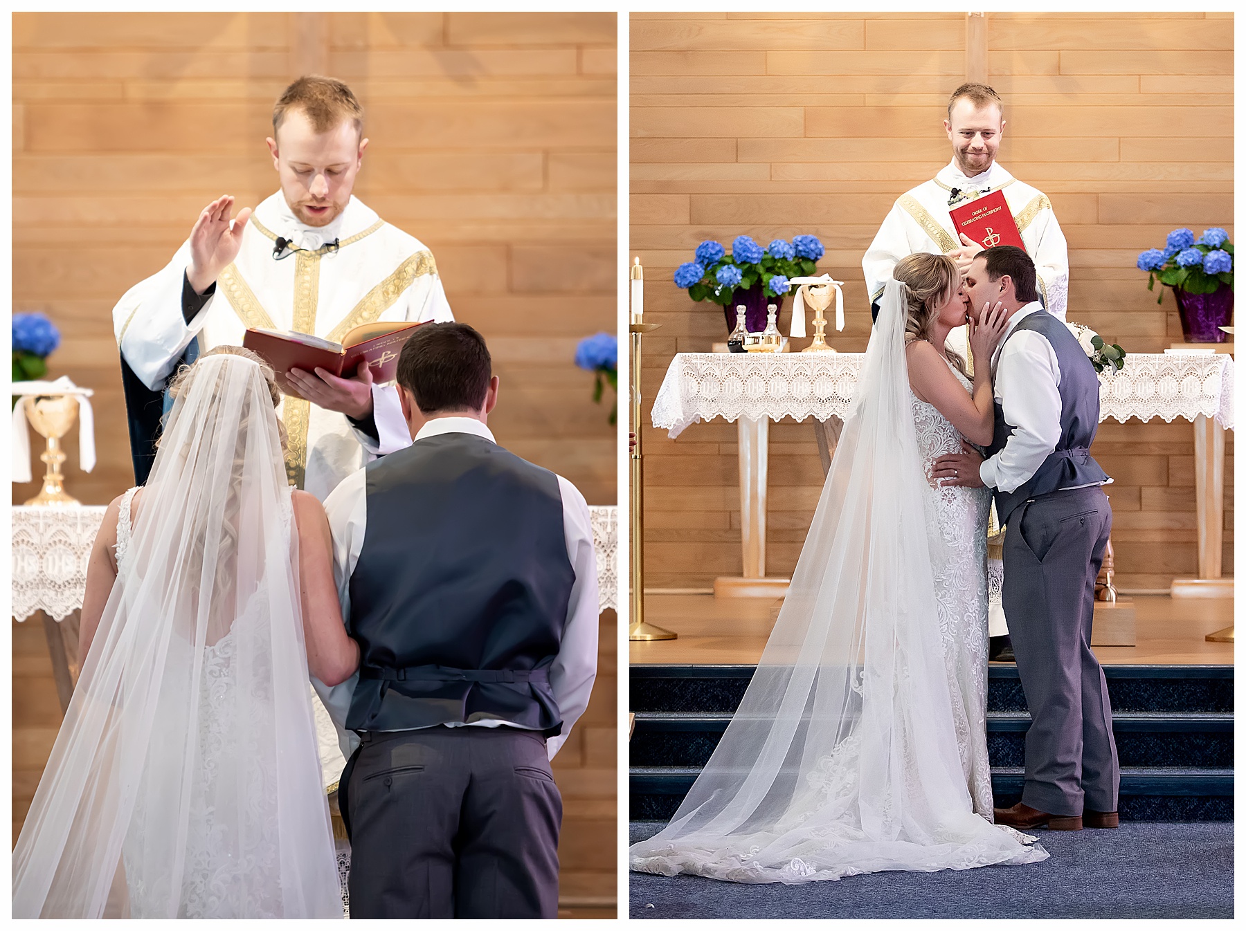 bride and groom kneel during wedding ceremony