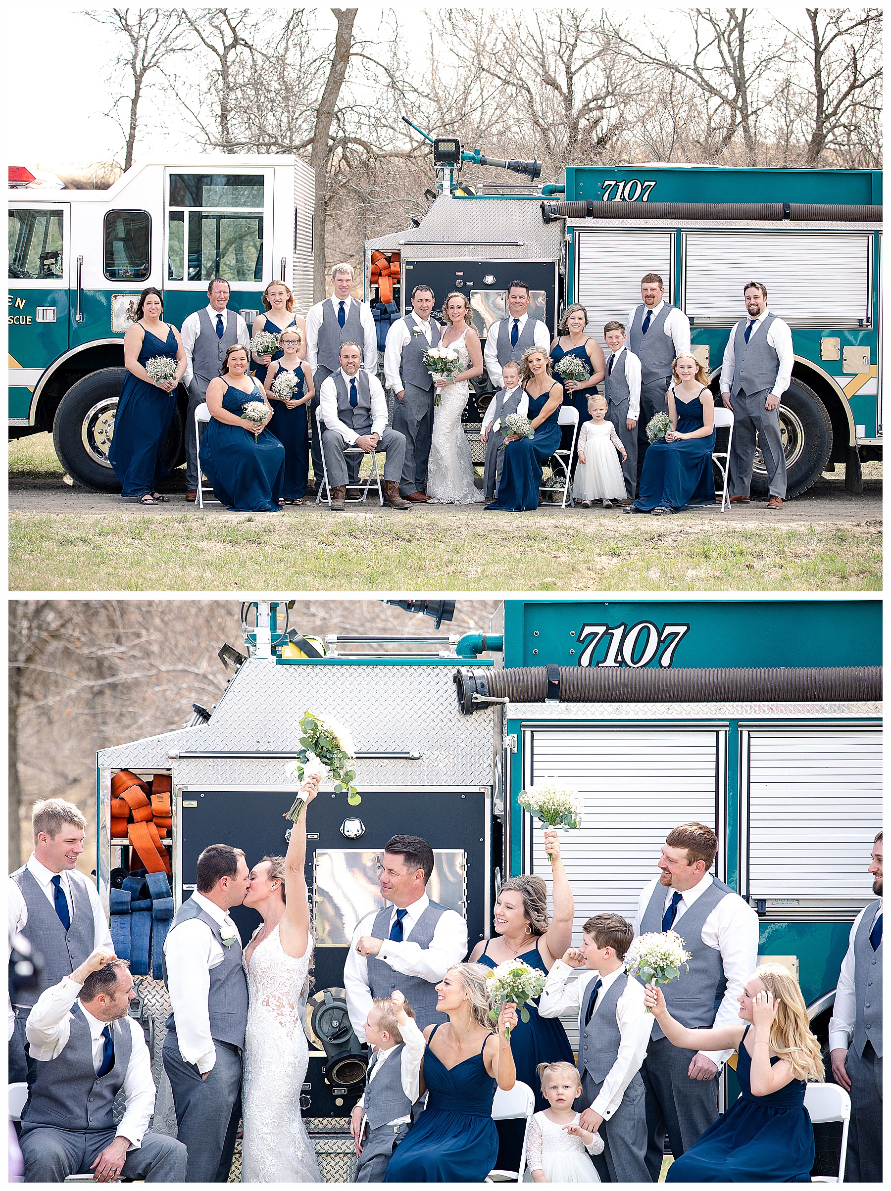 wedding party in front of fire truck