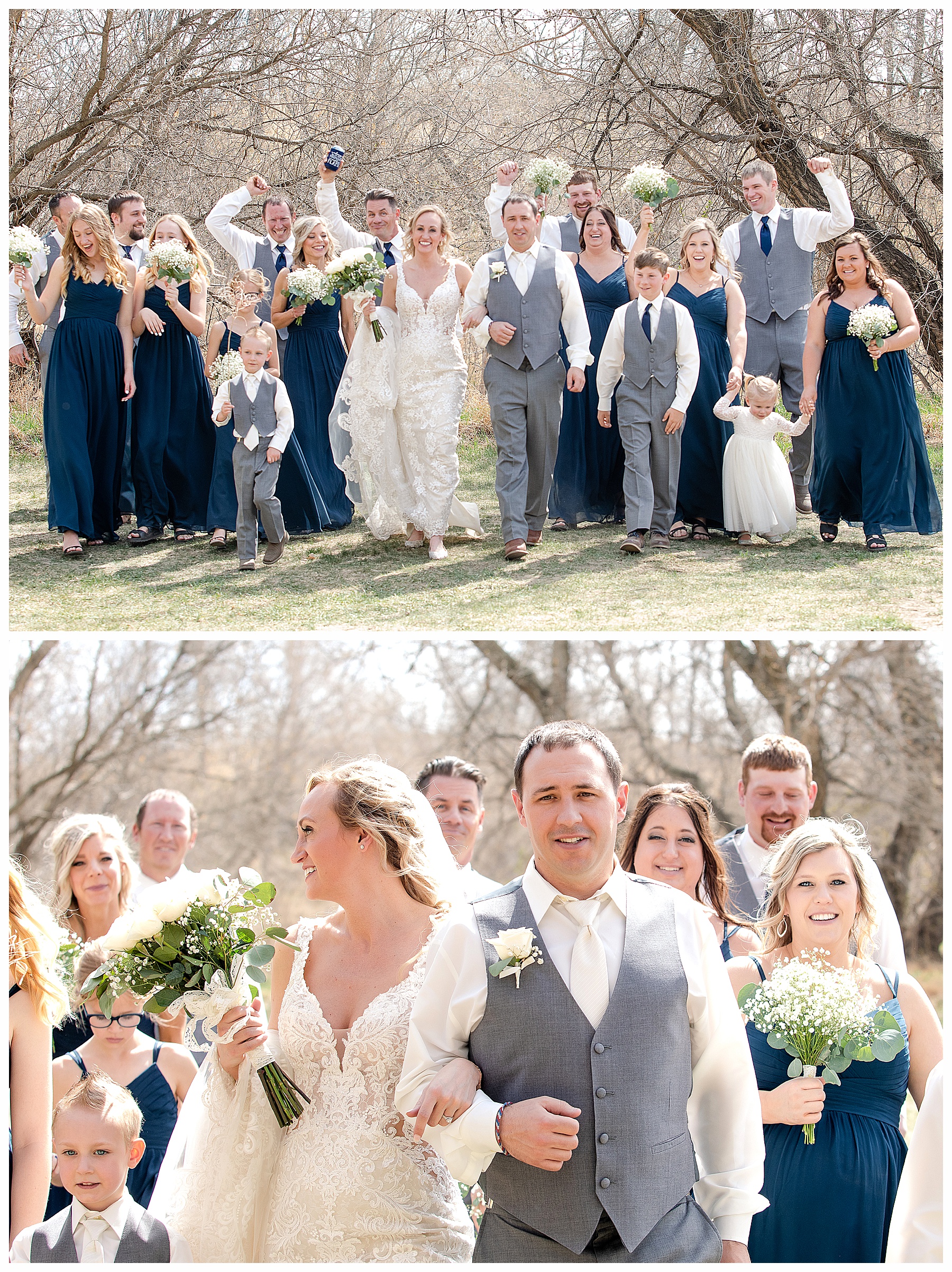 Bride and groom walking with wedding party in a park at North Dakota May Wedding