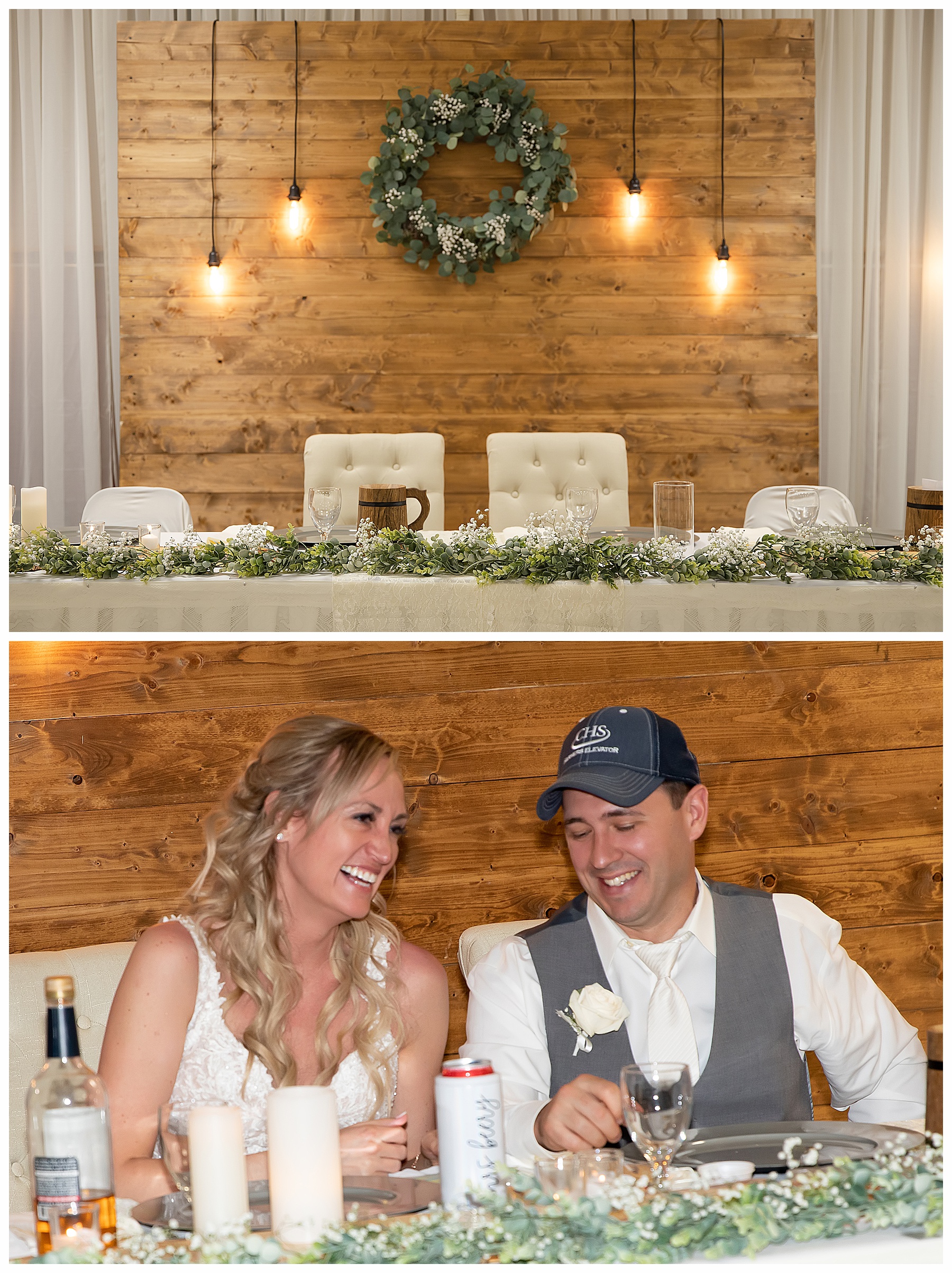 bride and groom laugh while sitting at head table