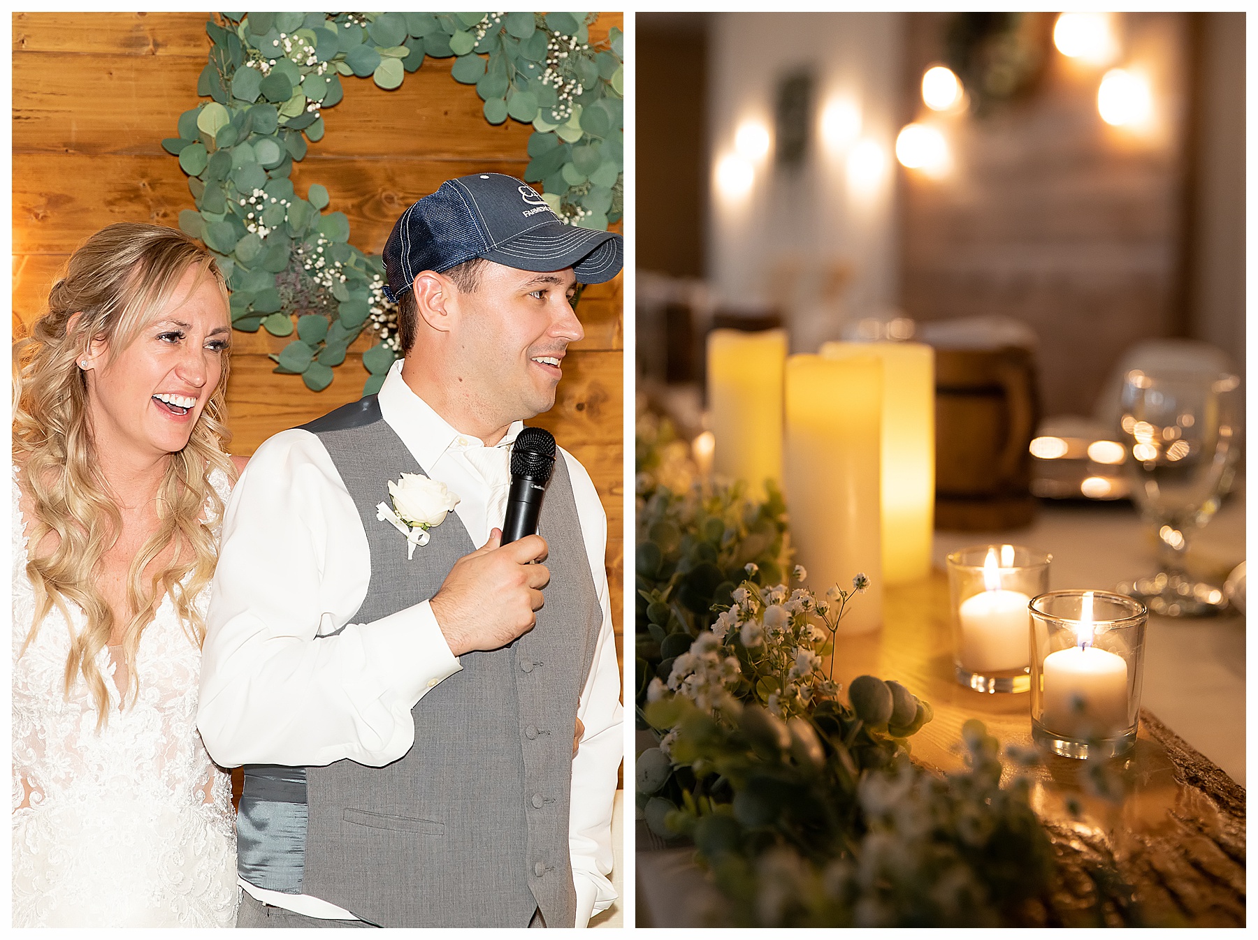 bride and groom laugh during toasts at wedding reception