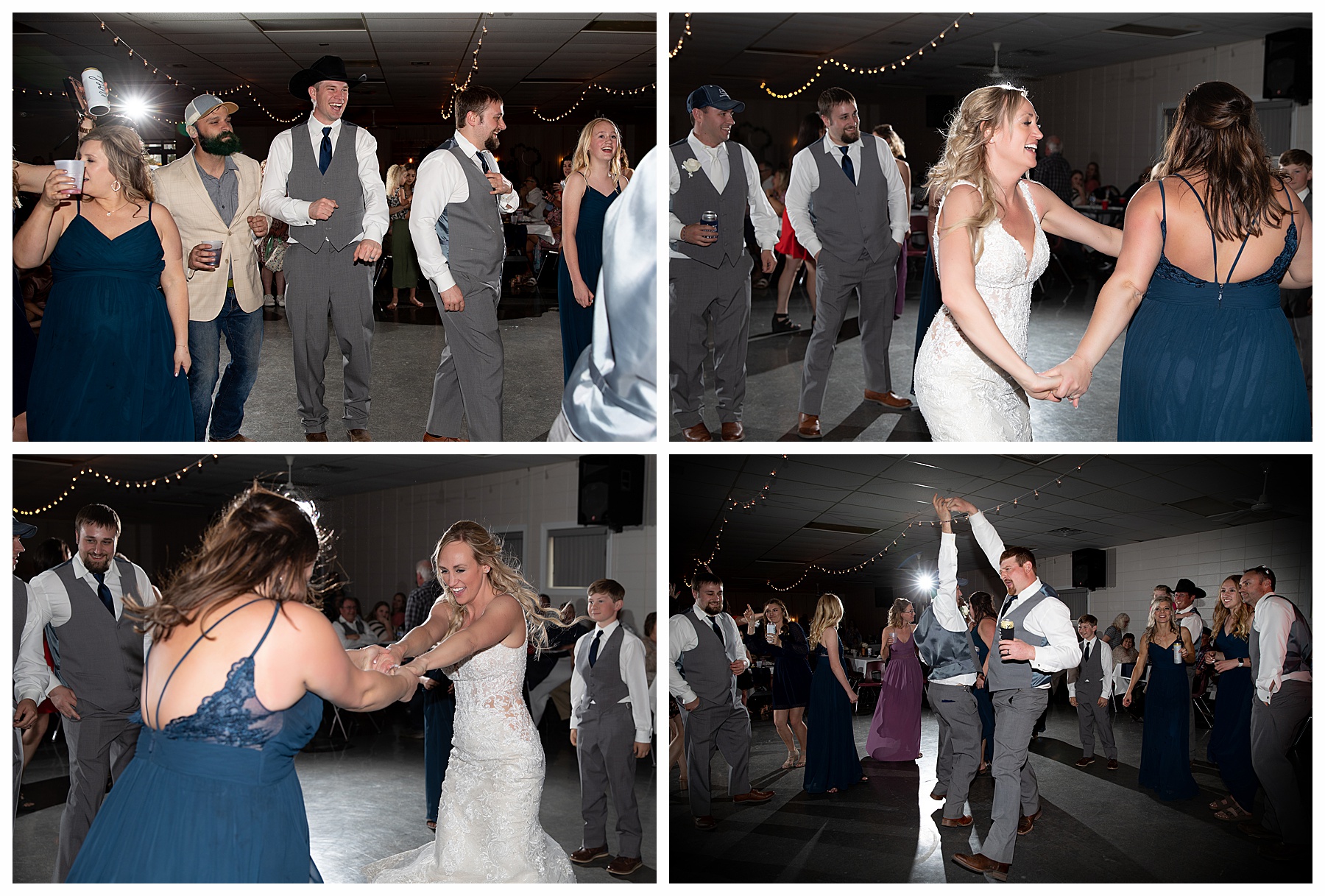 wedding party dancing at wedding reception