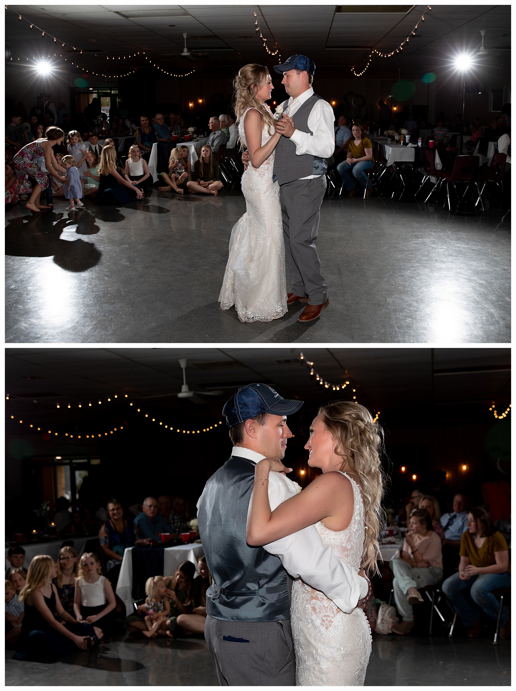 bride and groom first dance with audience watching