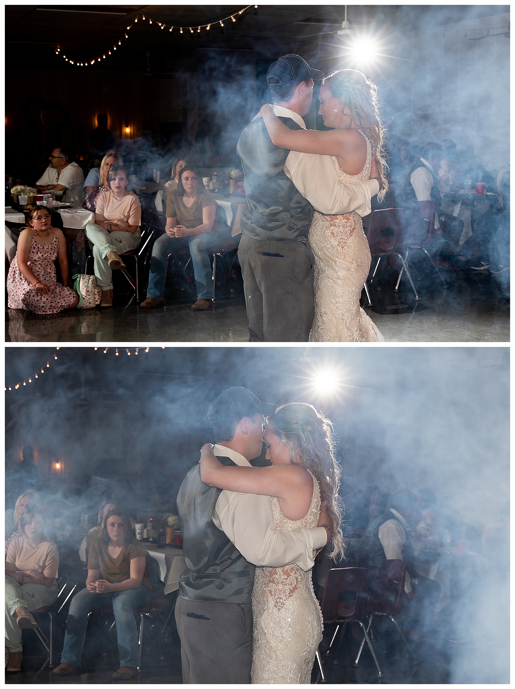 bride and groom dance with fog machine