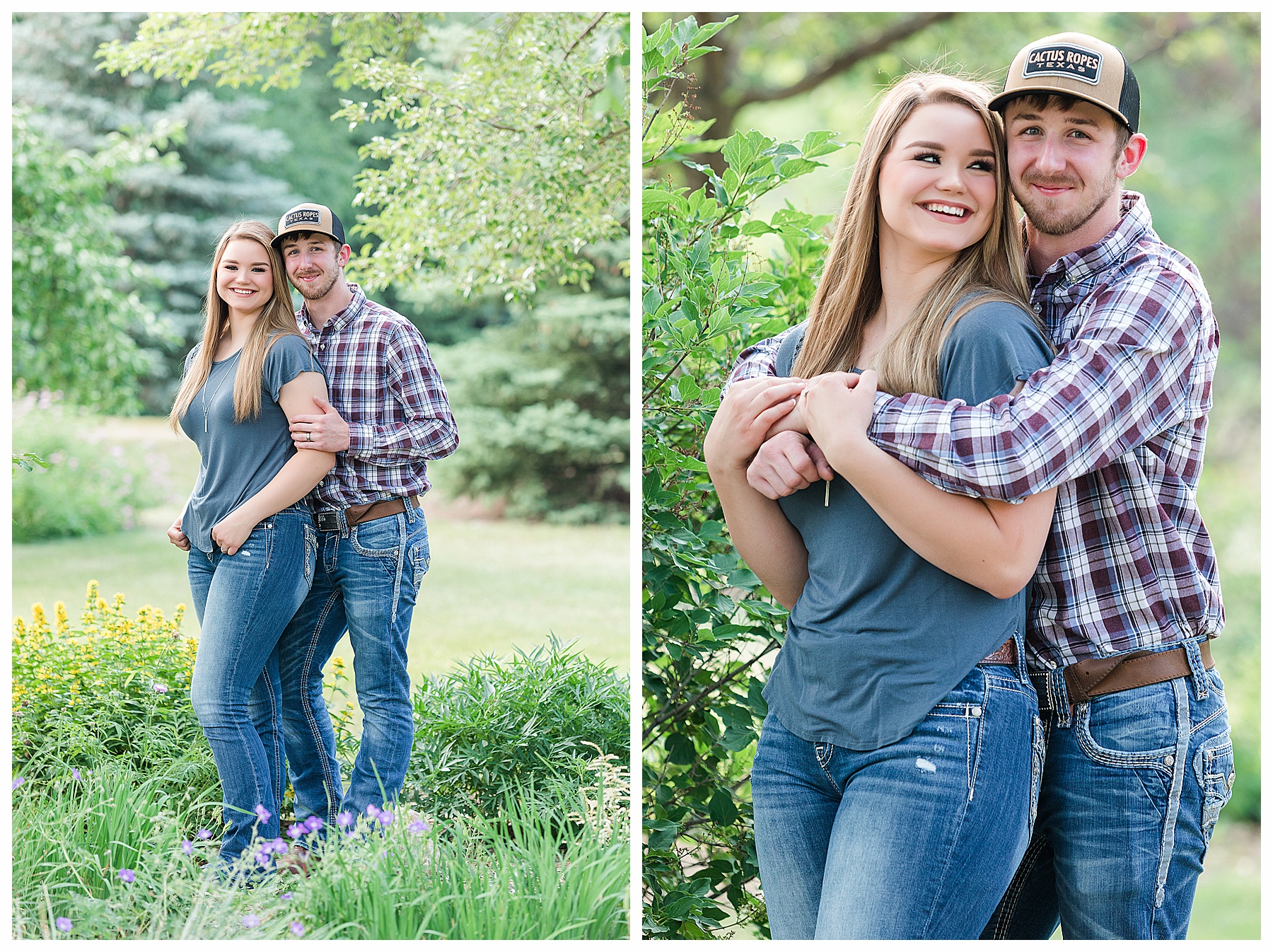 Summer engagement pictures with shades of green in background