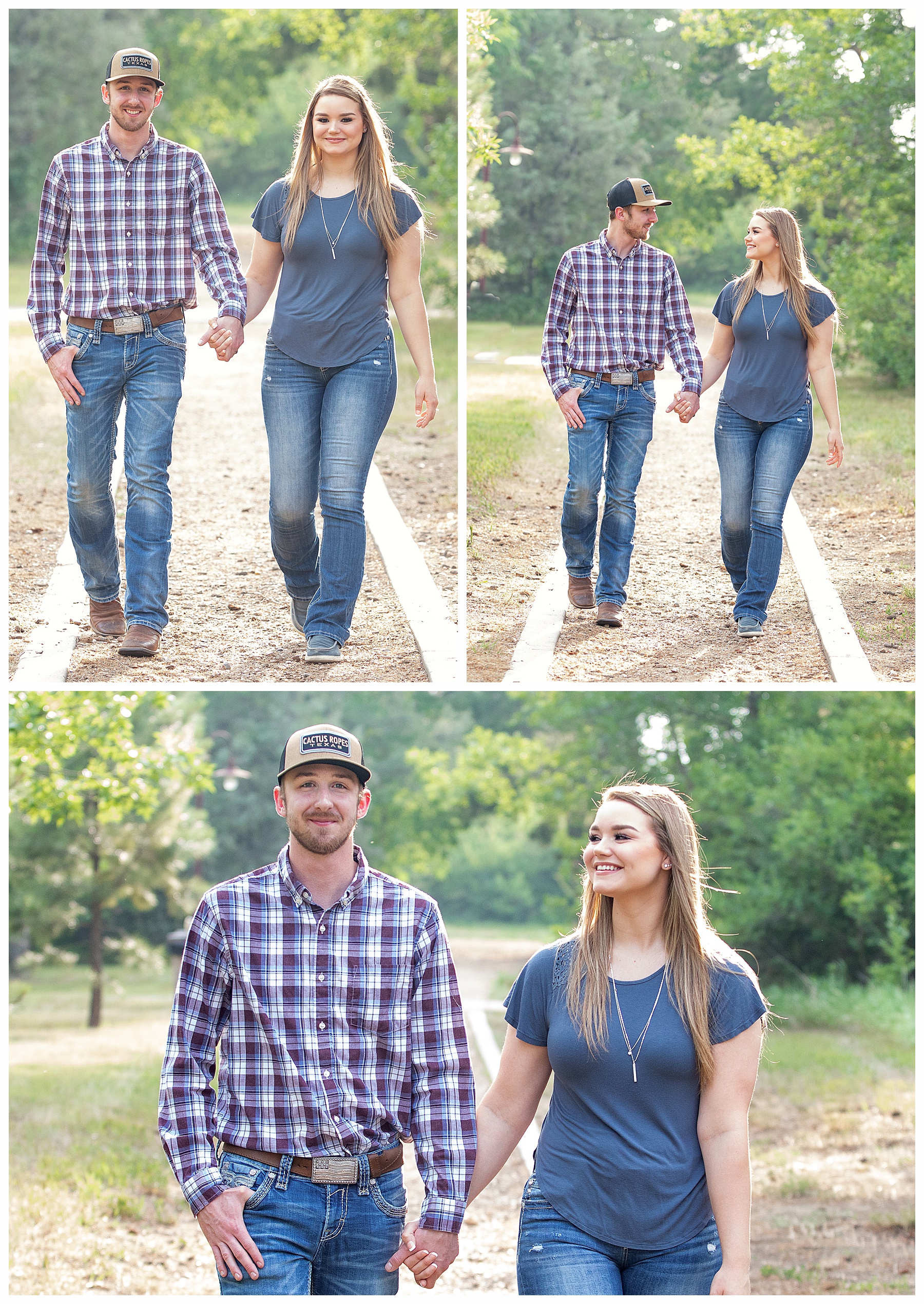 couple walking together holding hands for engagement pictures
