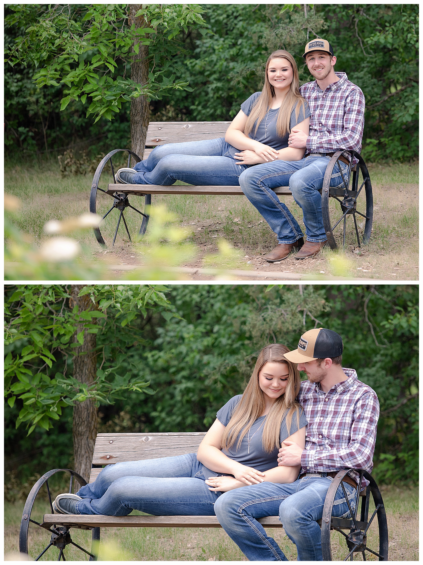 couple sits on bench for engagement pictures