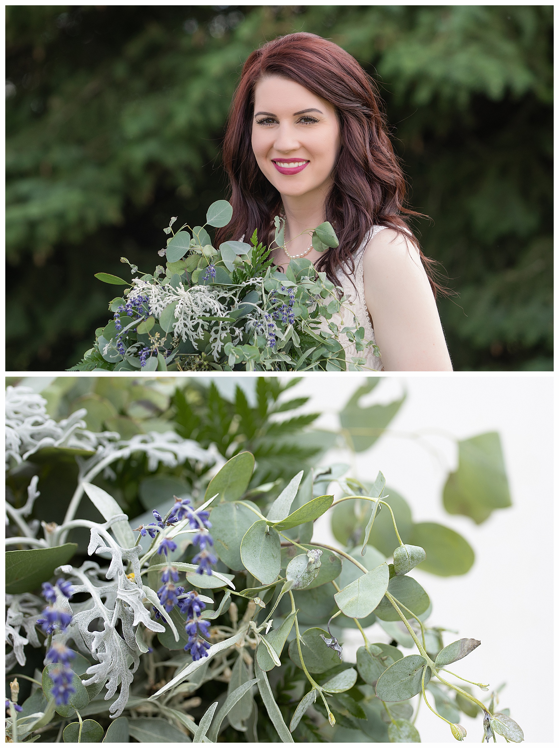 bride with eucalyptus and lavender bouquet