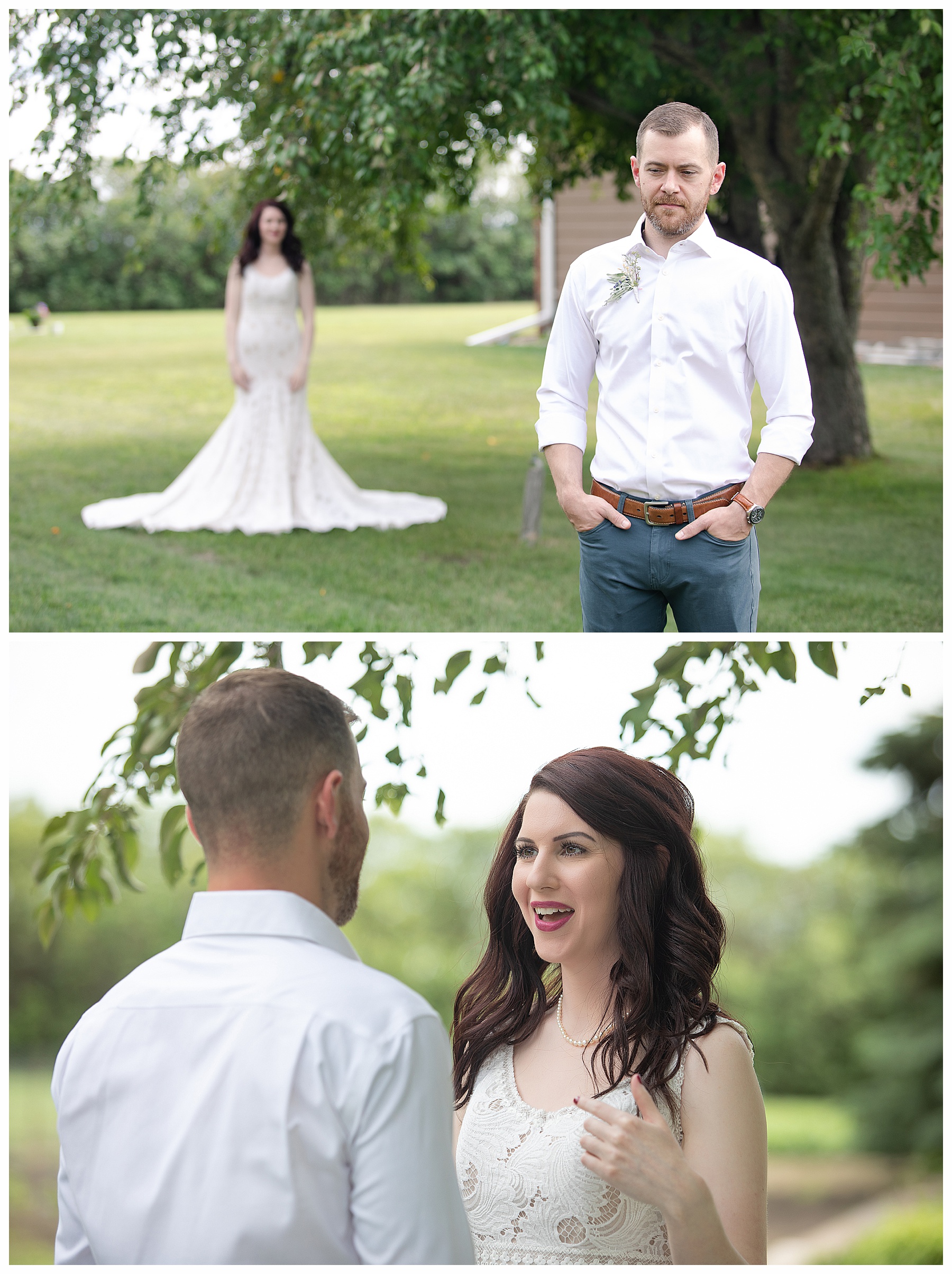 photo of groom with bride in background just before first look