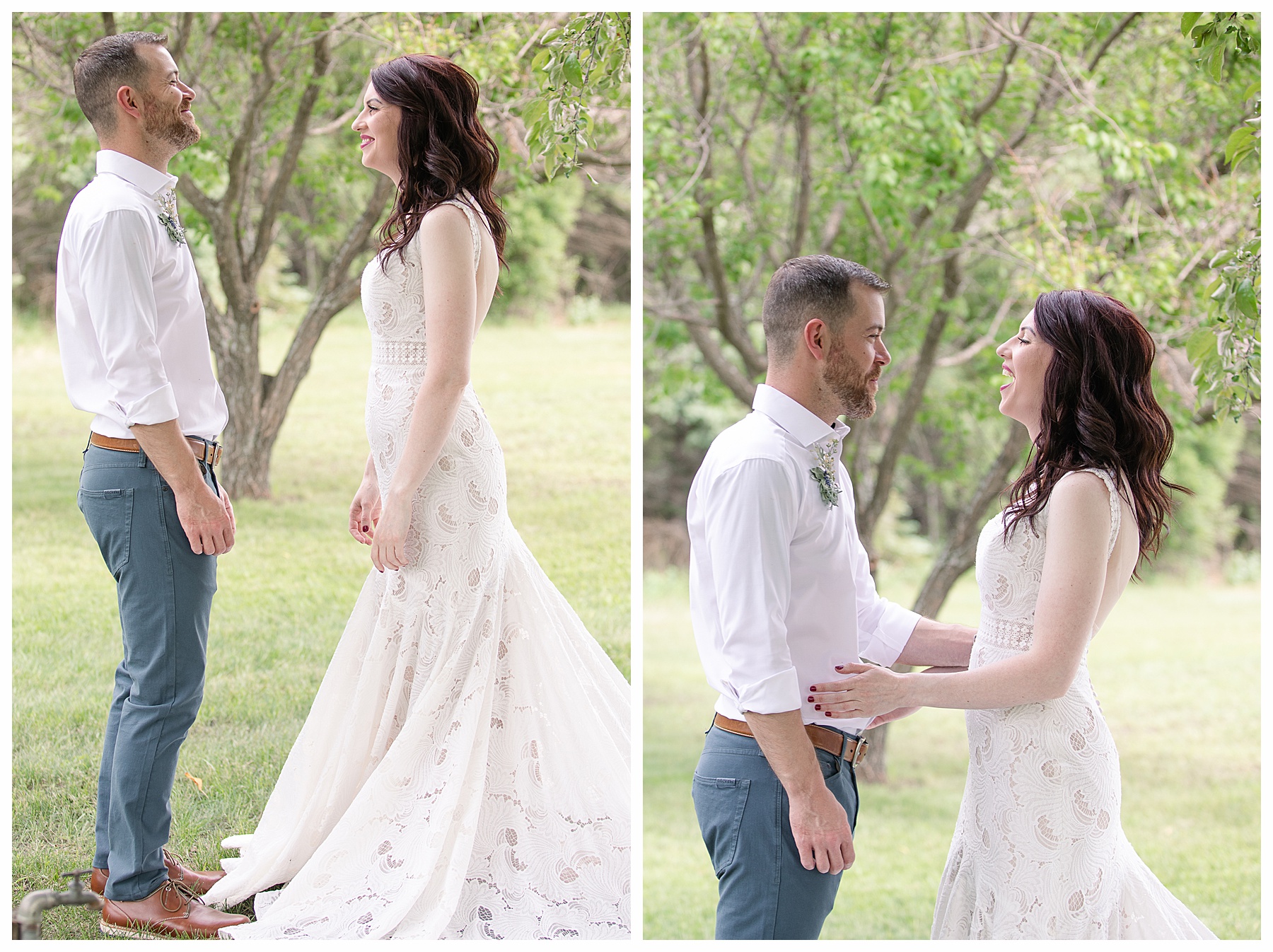 bride and groom laugh during first look