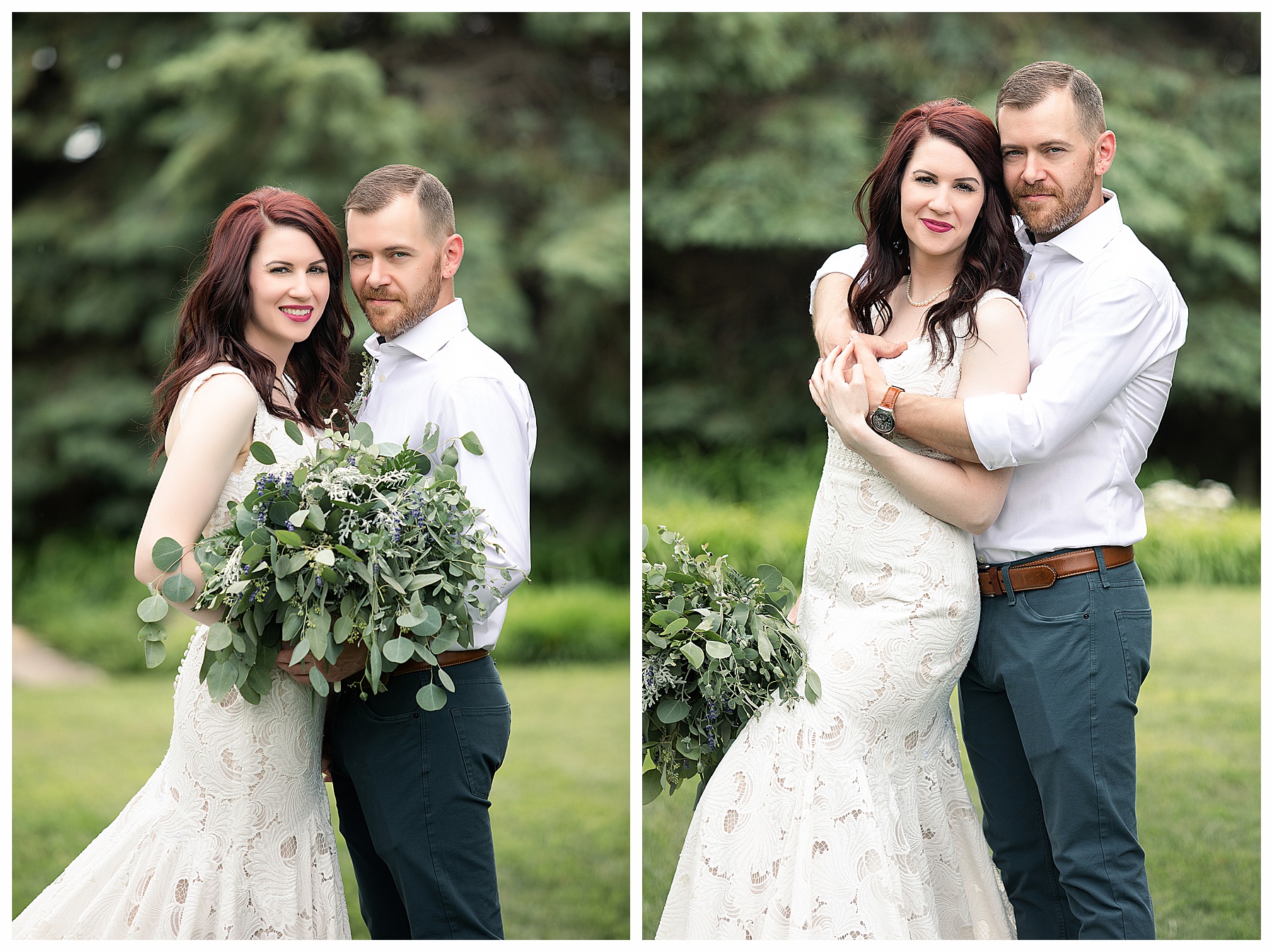 Bride and groom with eucalyptus bouquet