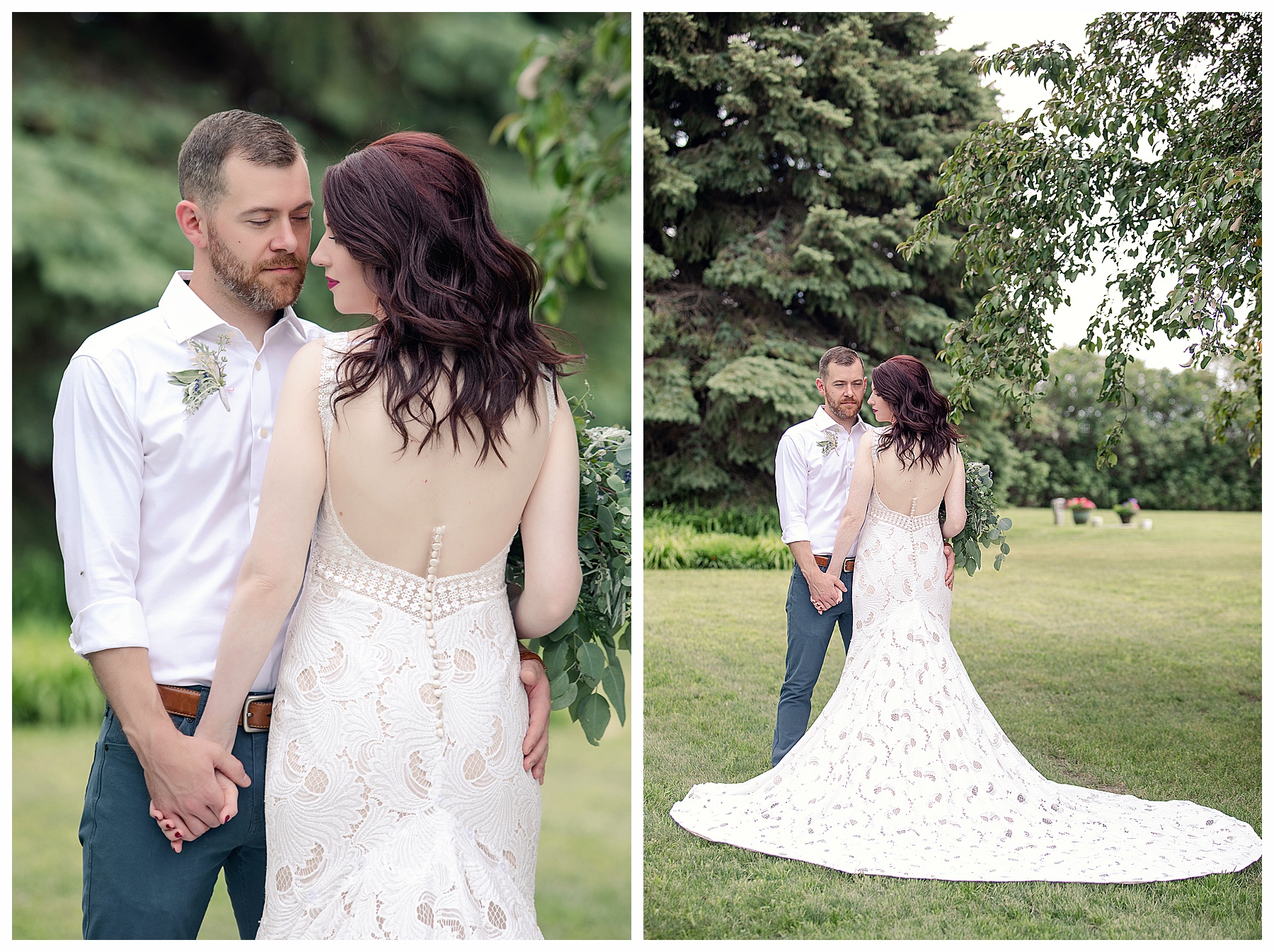 bride and groom with back of bride's gown 