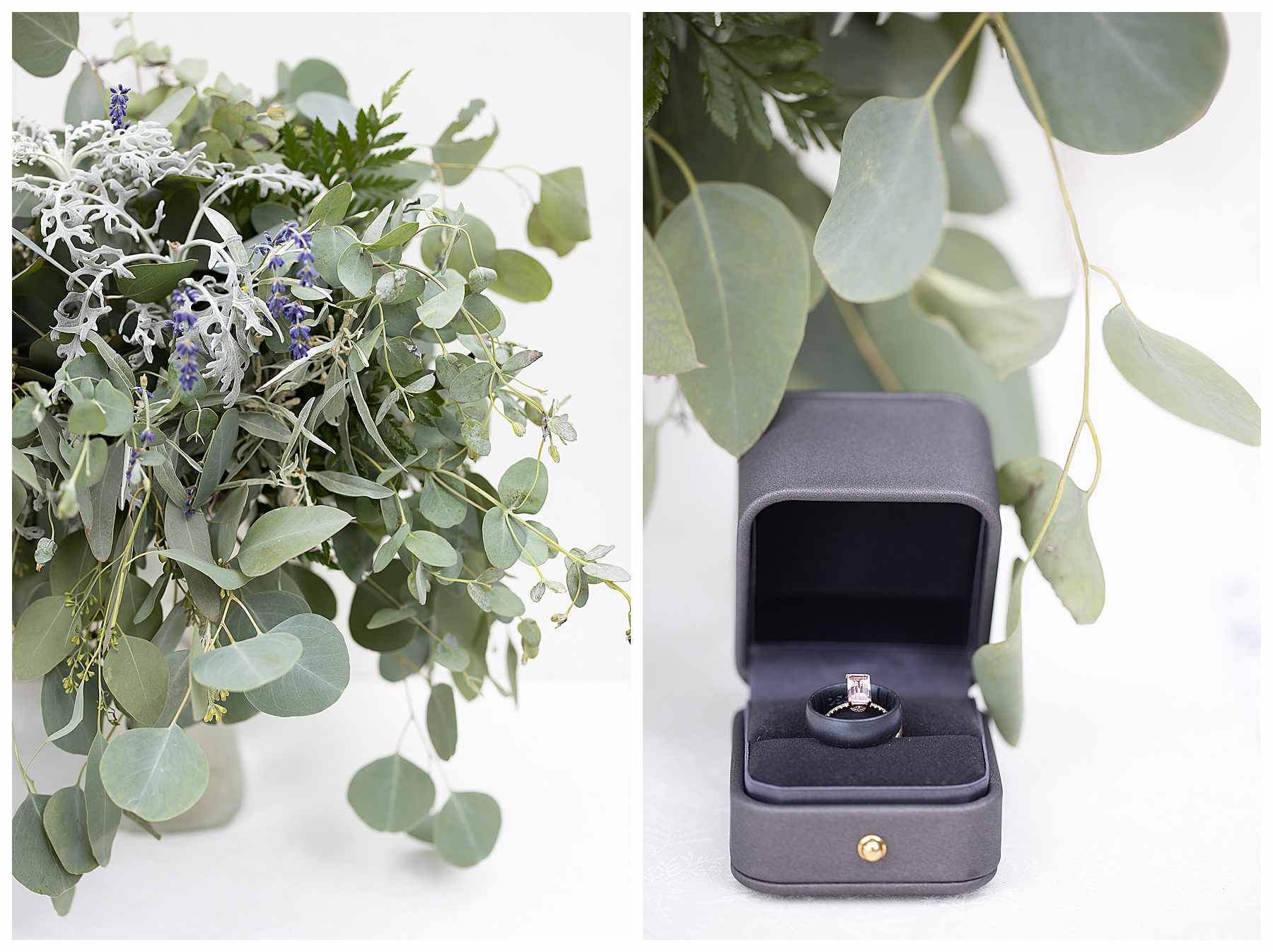 detail photo of wedding ring with eucalyptus and lavender