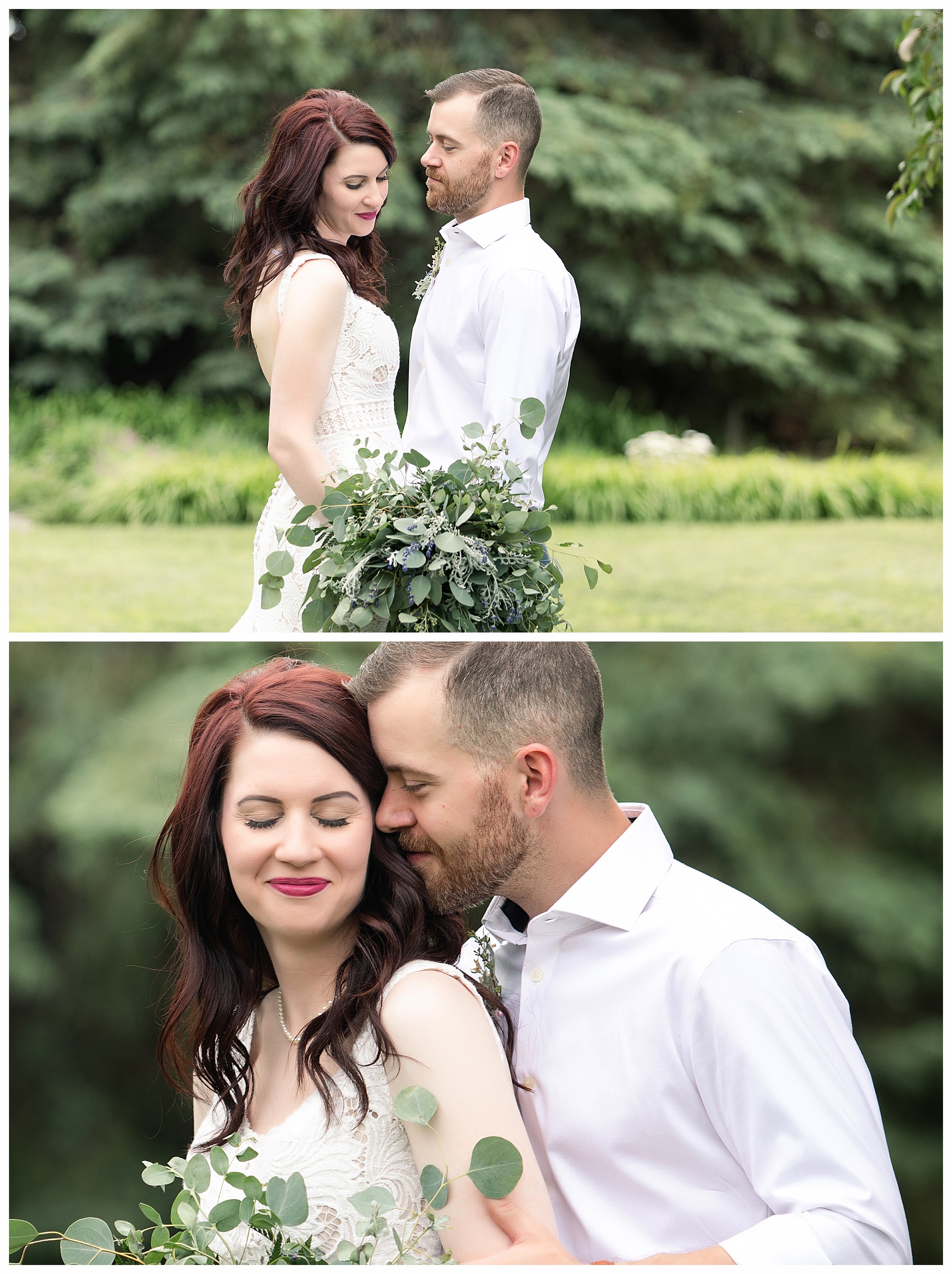 Bride and groom with all green bouquet