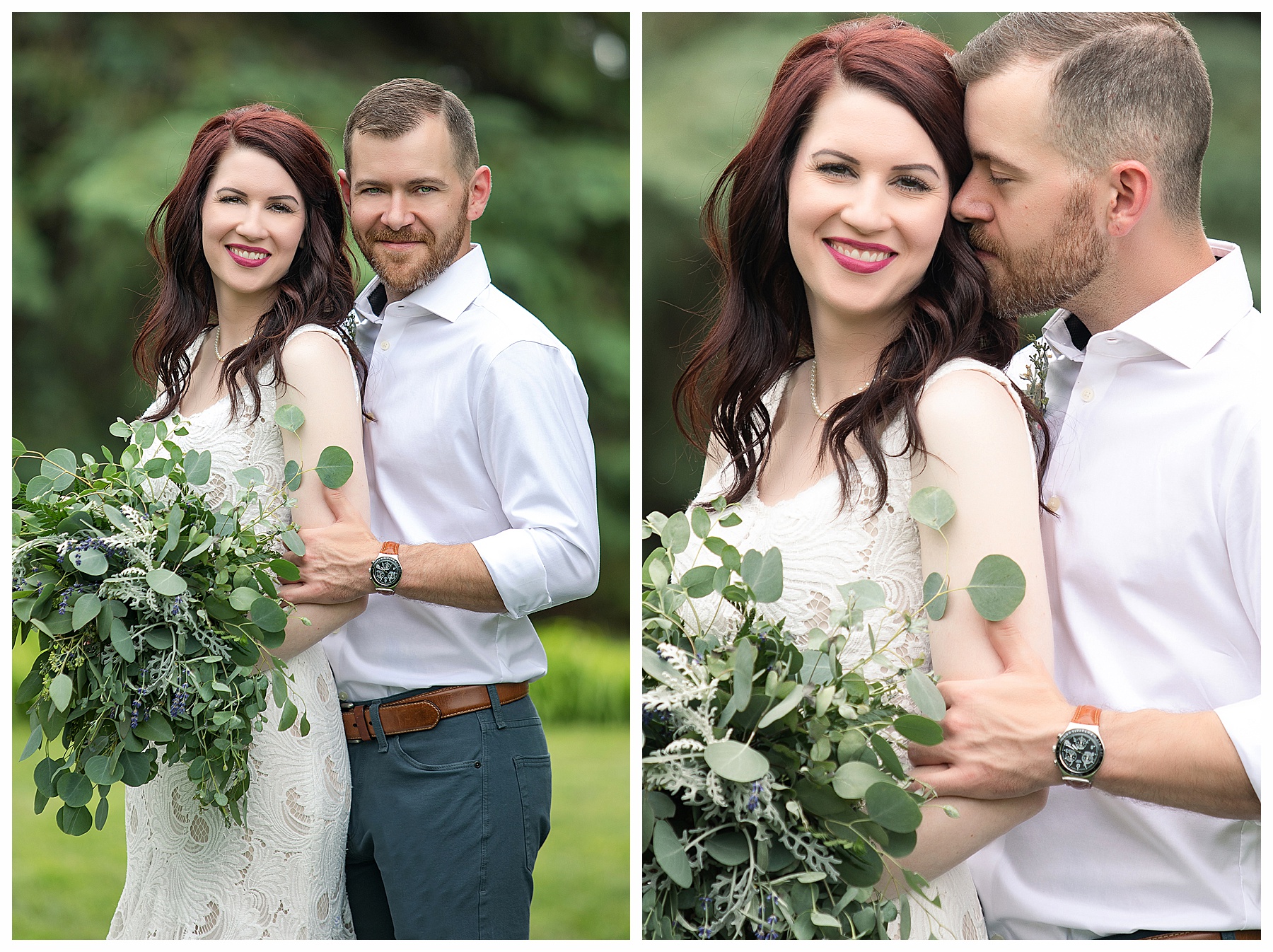 North Dakota bride and groom with all green bouquet