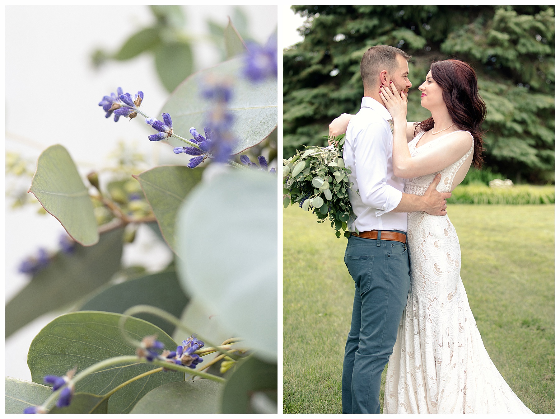 close up of eucalyptus and lavender bouquet with bride holding it over the groom's shoulder