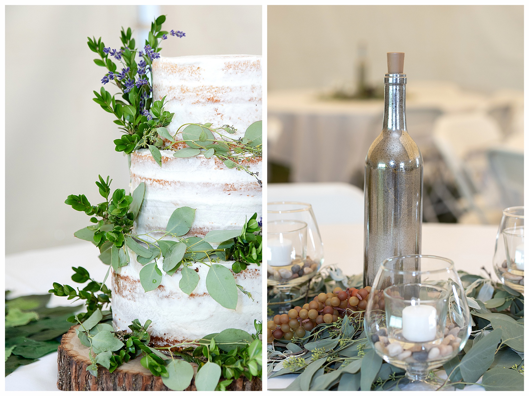 eucalyptus and wine bottle decorate wedding reception