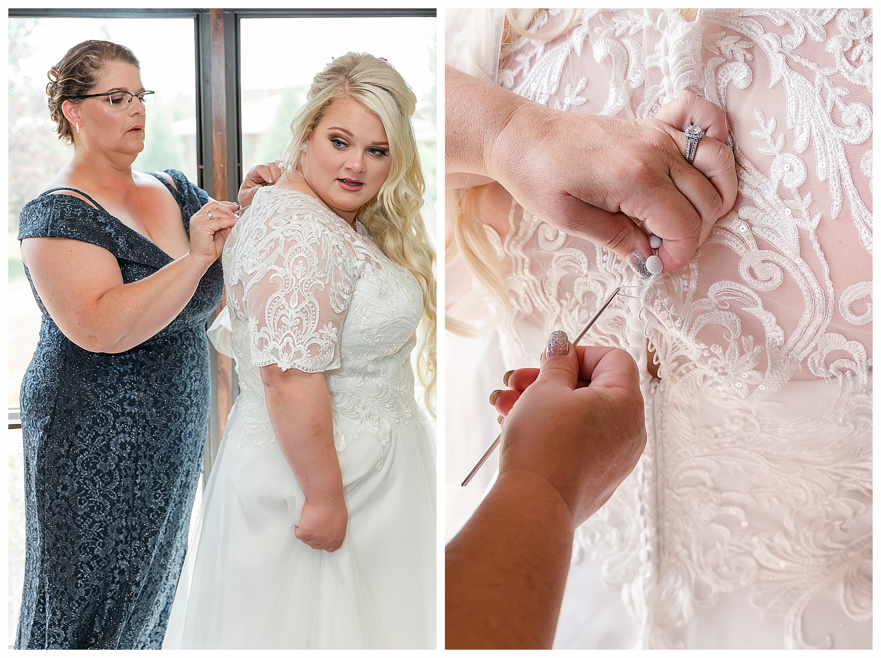 bride with mom in blue gown buttoning her gown