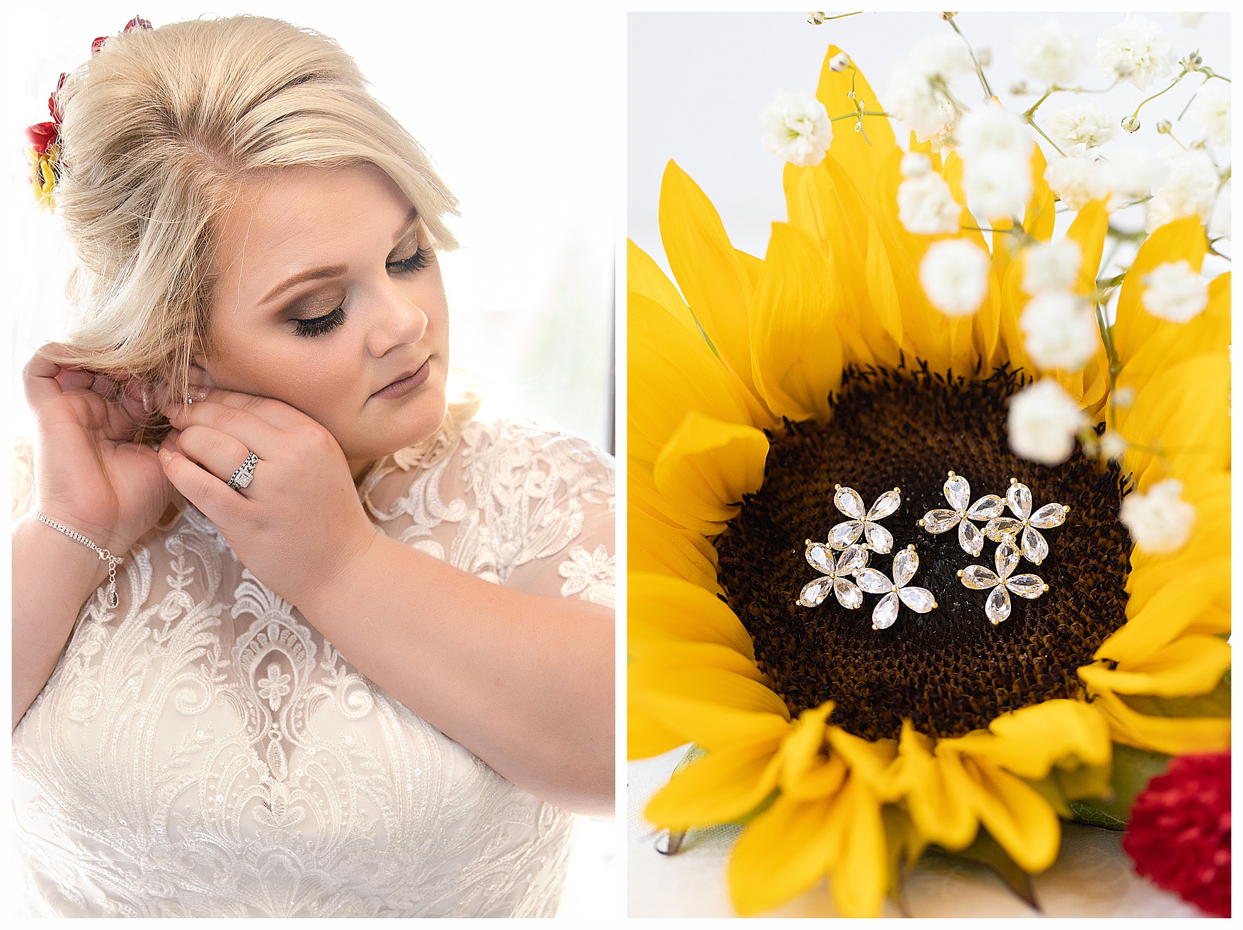 bride putting on her earrings.  Earring displayed inside a sunflower