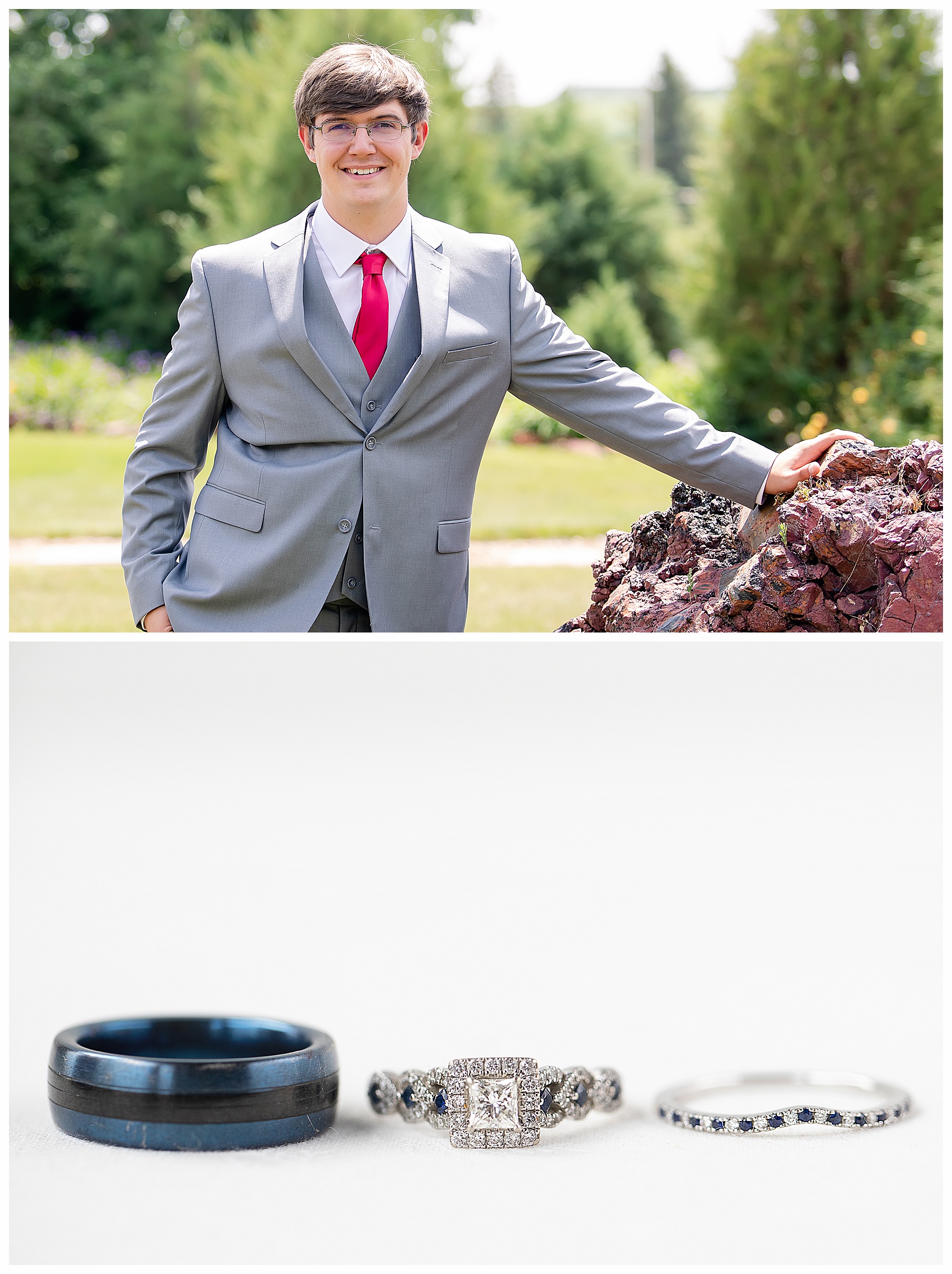 Groom in read tie leaning on boulders