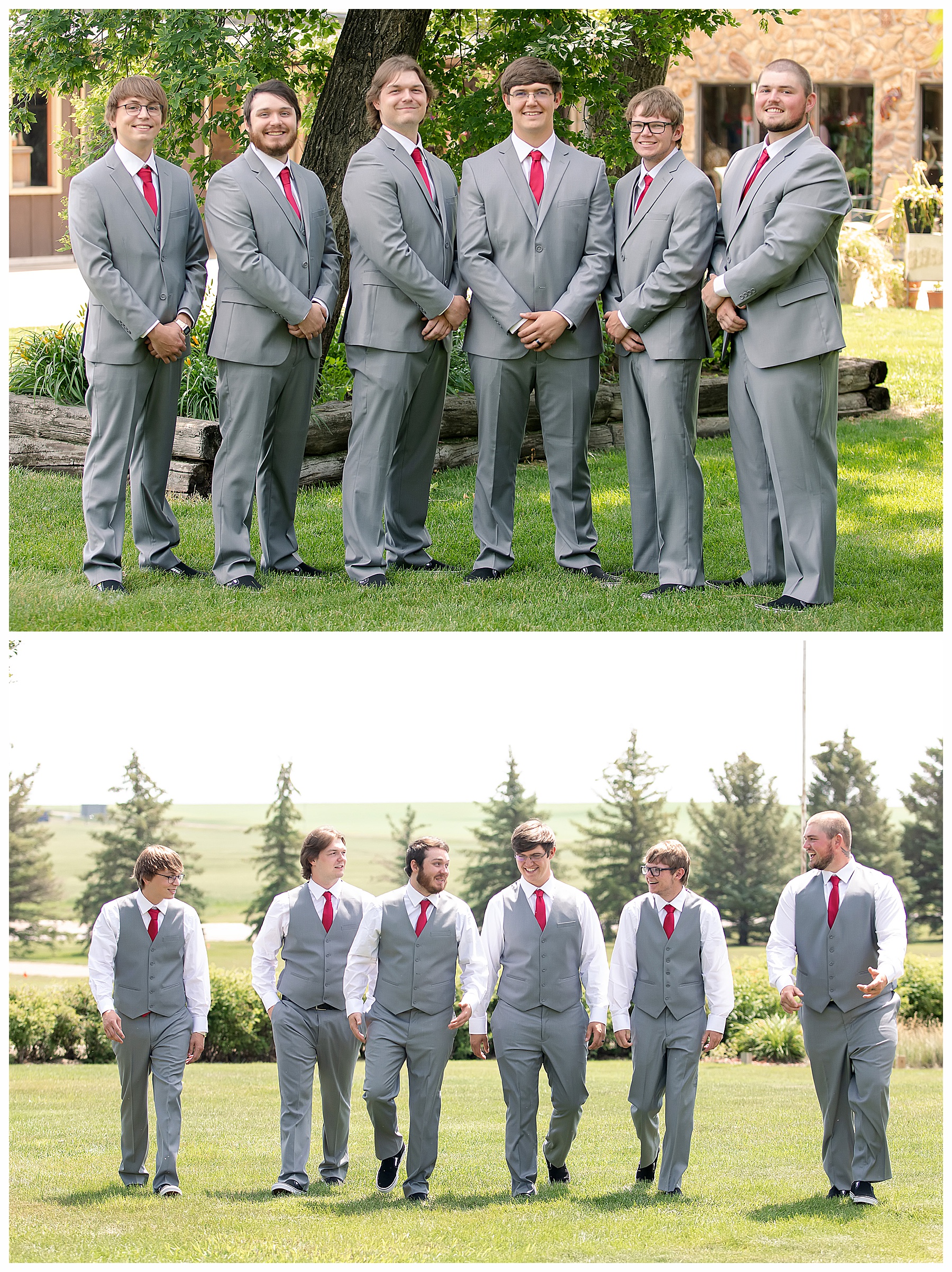 Groom and Grooms men in grey suits with red ties