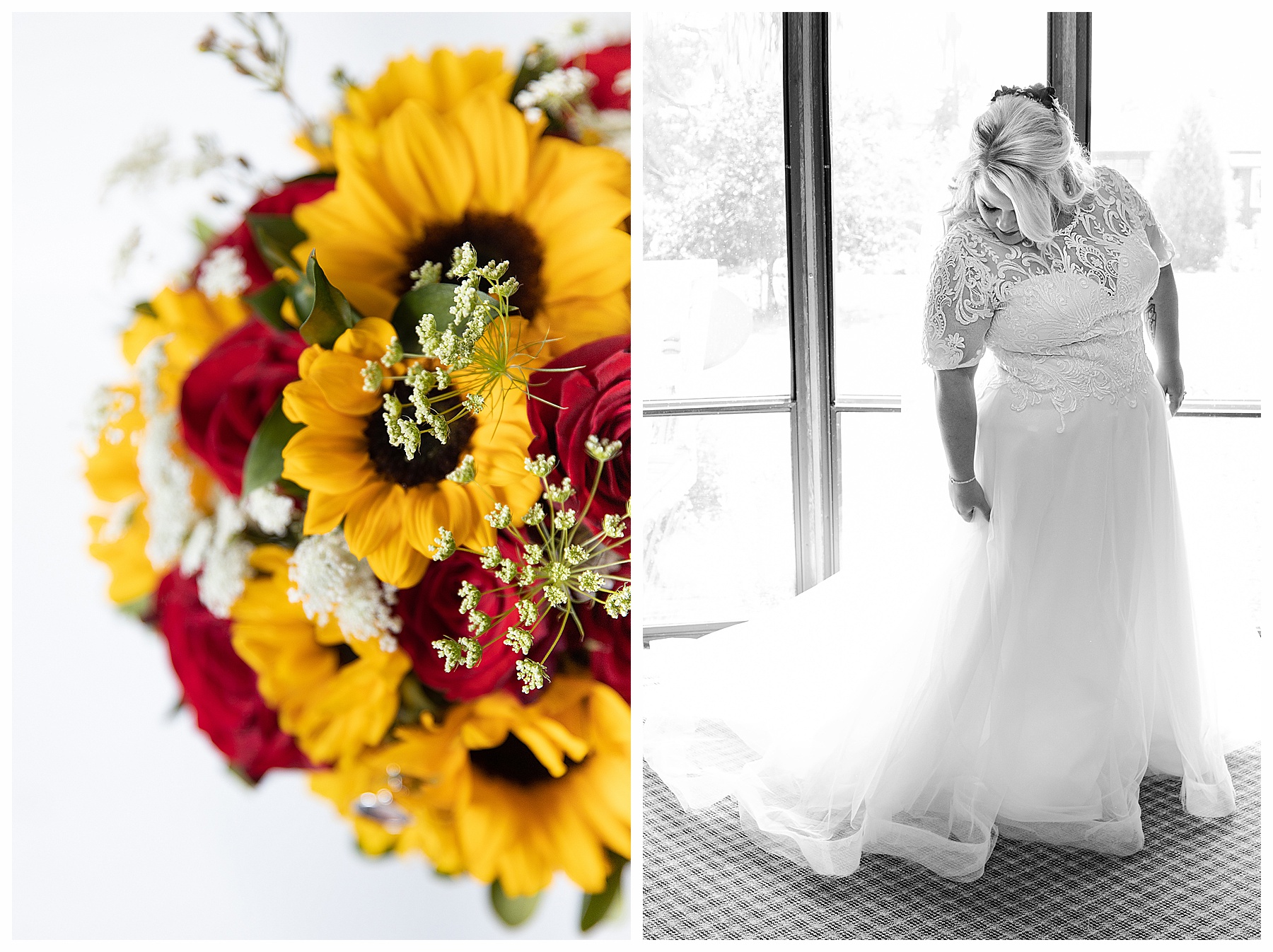 bride with sunflowers and roses bouquet
