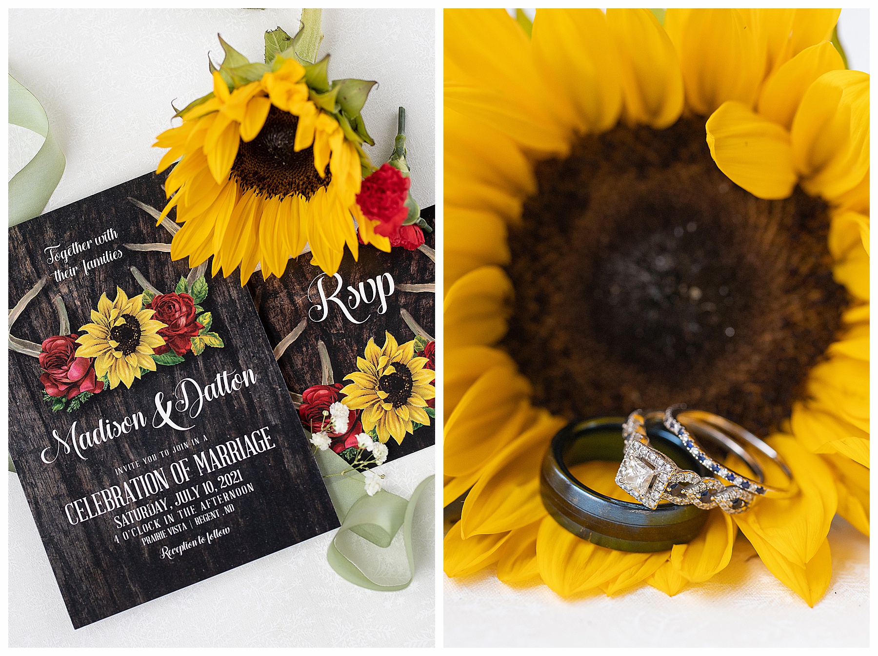 sunflower and wedding rings details photos.  Photographer in Dickinson ND