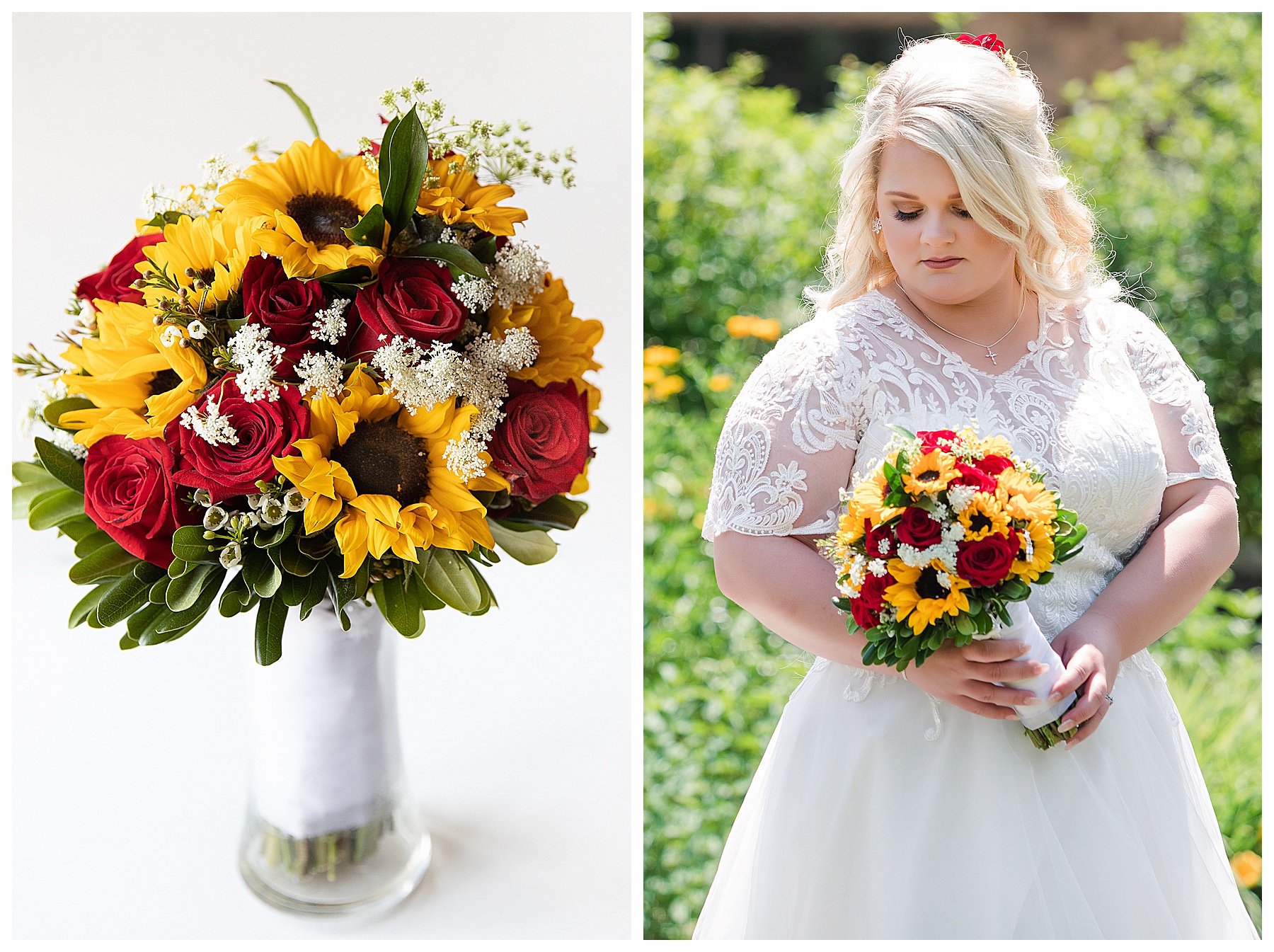 Bride with sunflower and red roses bouquet