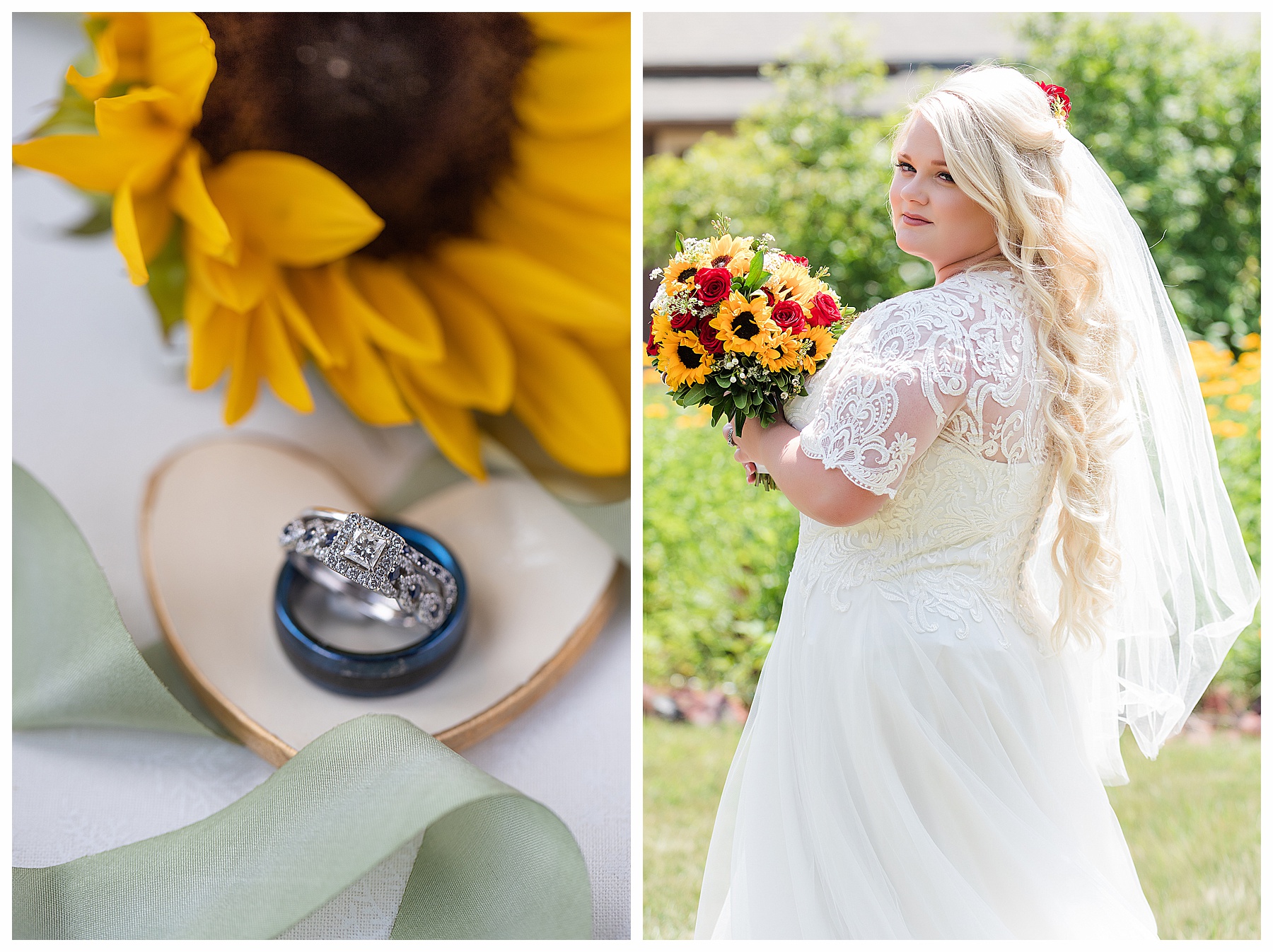 Bride holding sunflower and red roses bouquet looks over her shoulder