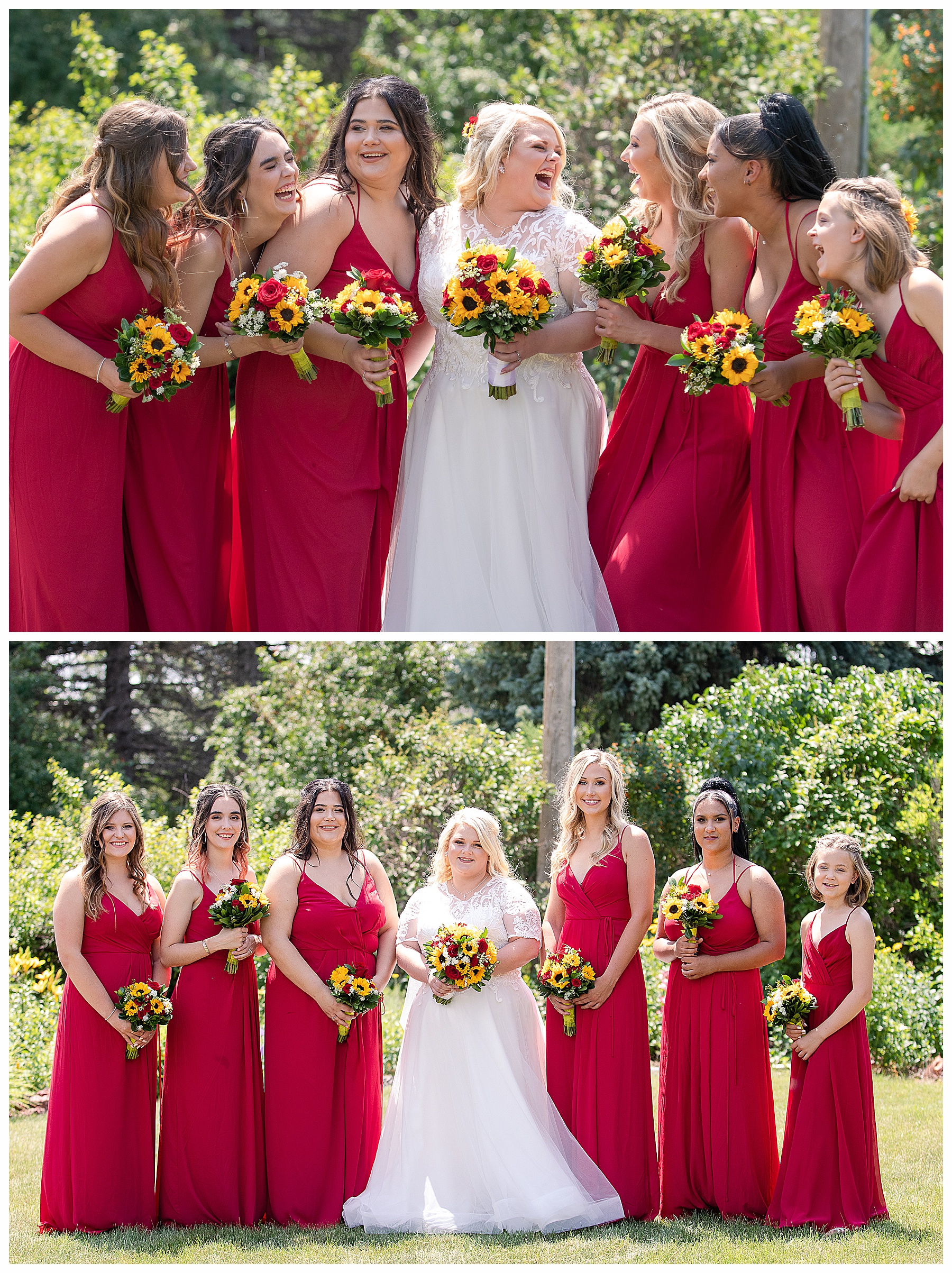 bride laughs with bridesmaids wearing red dresses and sunflower bouquets